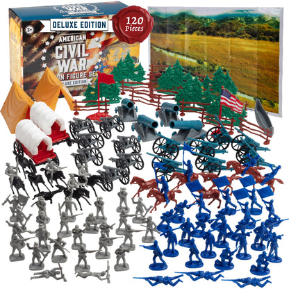 Civil War Army Men Toy Soldier Action Figure Deluxe Playset -120pc with Confederate & Union Soldiers, Cannons, Wagons, Rideable Horses, Terrain