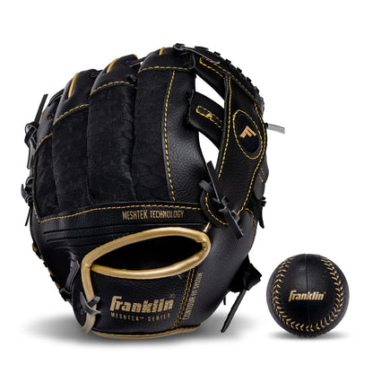 Franklin Sports Meshtek Teeball Fielding Glove with Ball - Right Hand Throw - 9.5" - Black/Gold