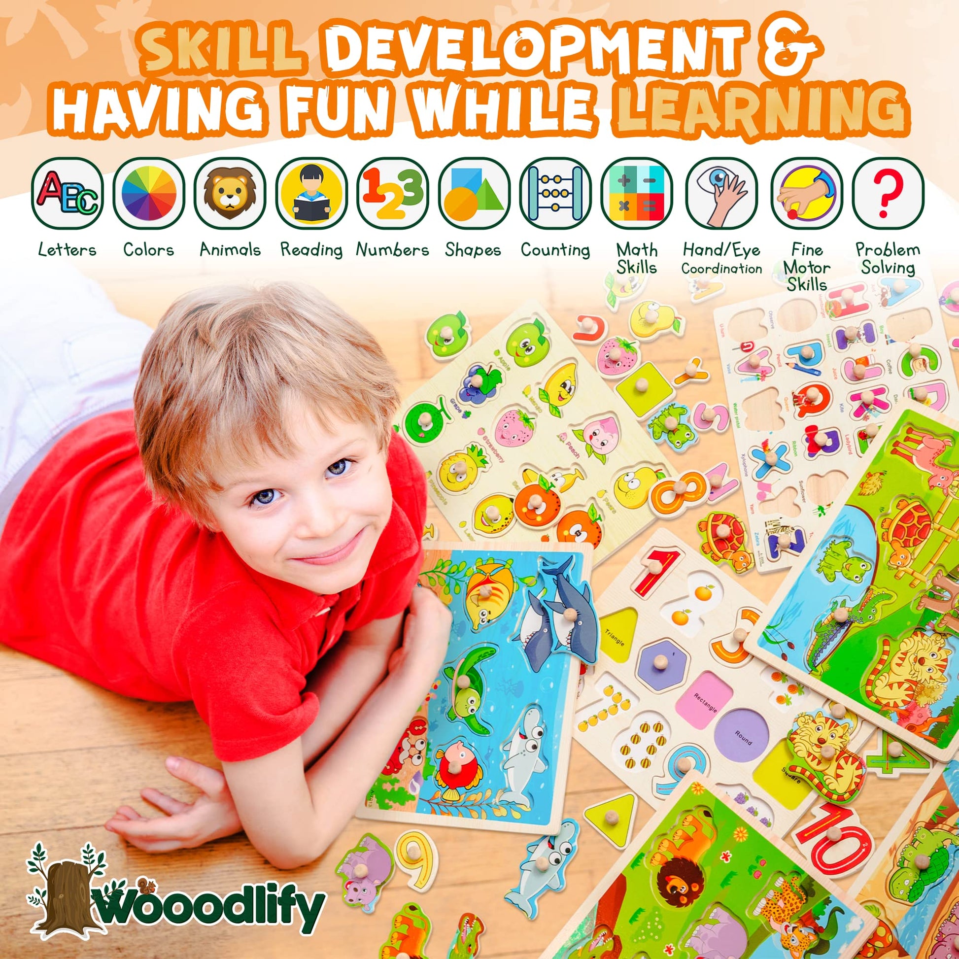 7 Pack Wooden Puzzles for Toddlers 2 3 4 5 Years Old - 7 Colorful Chunky Wood Peg Puzzles for Kids Ages 2-5, Alphabet Shape Numbers Fruits Sea Animals