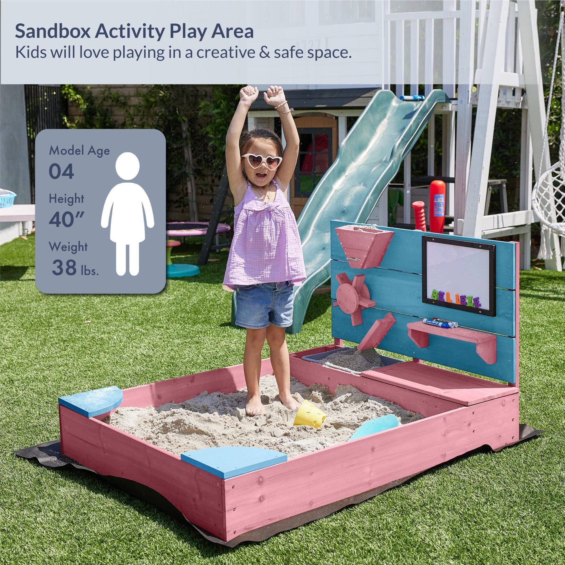 BELLEZE Wooden Sandbox, 49x39in Kids Sand Pit for Backyard, Outdoor Sandbox with Cover and Bottom Liner, Built-in Corner Seating, Bench Storage, Sand