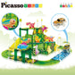 PicassoTiles Dinosaur Magnetic Tiles Racecar Track with 8 Magnet Tile Dino Toys 2 Cars Street Sign Accessory Kit Construction Building Blocks