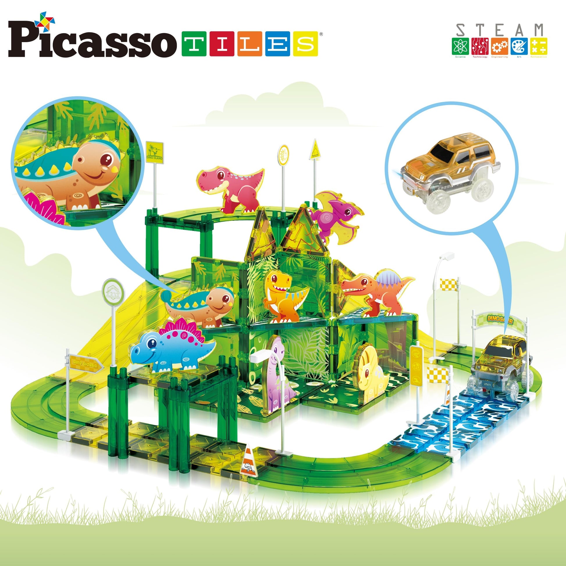 PicassoTiles Dinosaur Magnetic Tiles Racecar Track with 8 Magnet Tile Dino Toys 2 Cars Street Sign Accessory Kit Construction Building Blocks