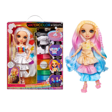 Rainbow High Watercolor & Create Fashion DIY Doll with Washable Watercolors + Tie-Dye Kit, Brown Eyes, Curled Hair, Bonus Top & Shoes. Color, Create