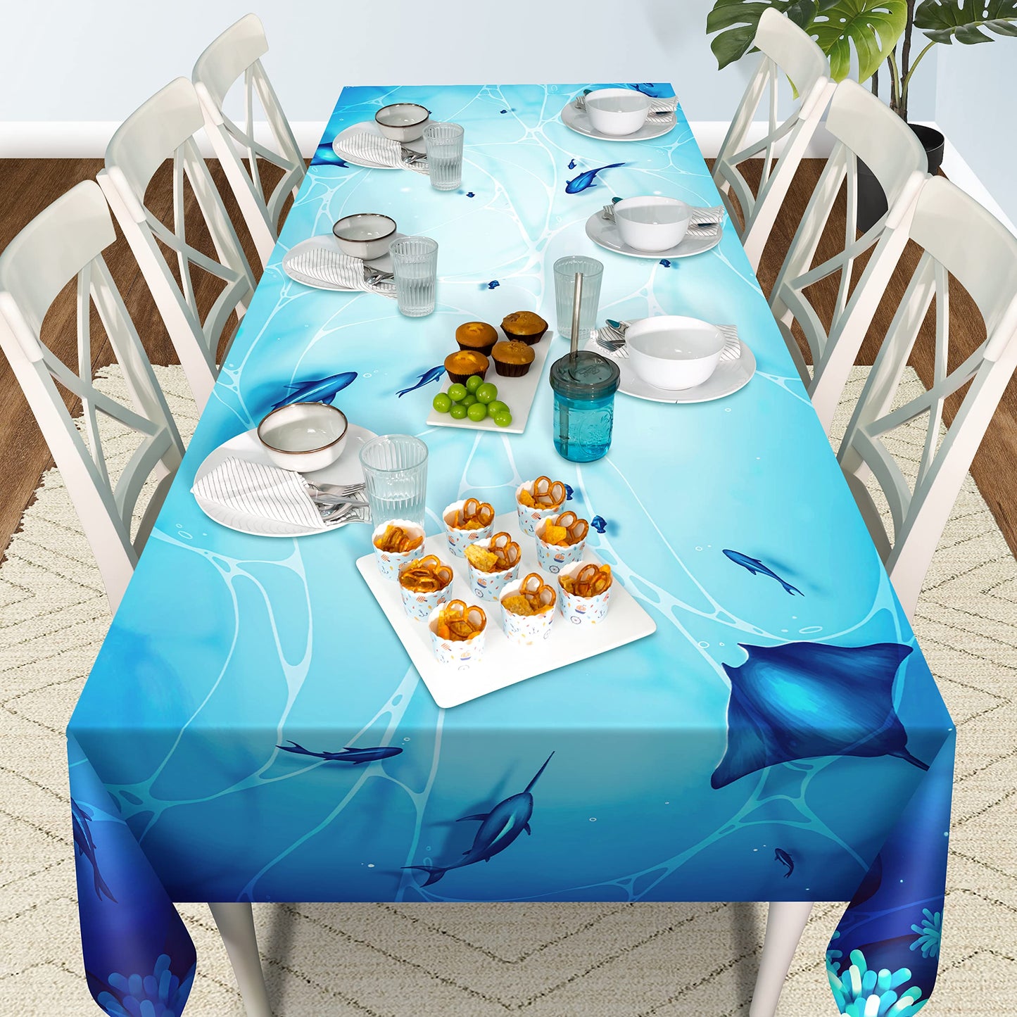 Cheerland Under the Sea Party Tablecloth Fabric Ocean Theme Birthday Decorations for Kids Adults Sea Party Supplies Turtles Jellyfish Coral Mermaid