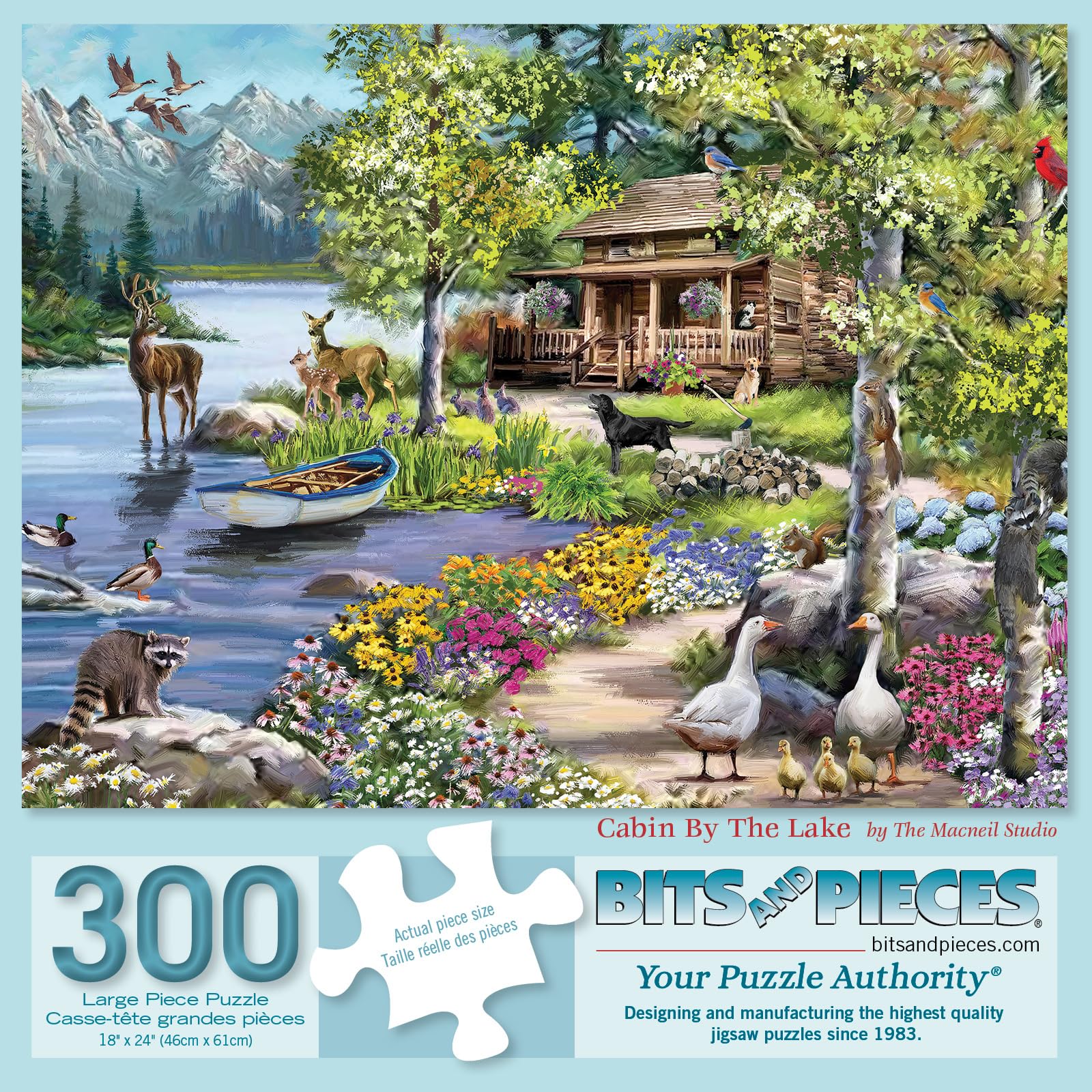Bits and Pieces - 300 Piece Jigsaw Puzzle for Adults - Cabin by The Lake - Woodland Animal Spring Forest Jigsaw Puzzle by Artist The Macneil Studio
