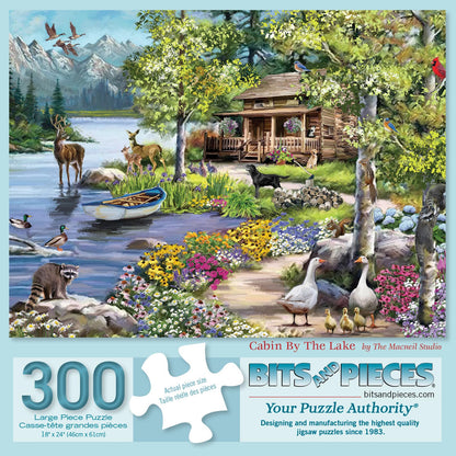 Bits and Pieces - 300 Piece Jigsaw Puzzle for Adults - Cabin by The Lake - Woodland Animal Spring Forest Jigsaw Puzzle by Artist The Macneil Studio