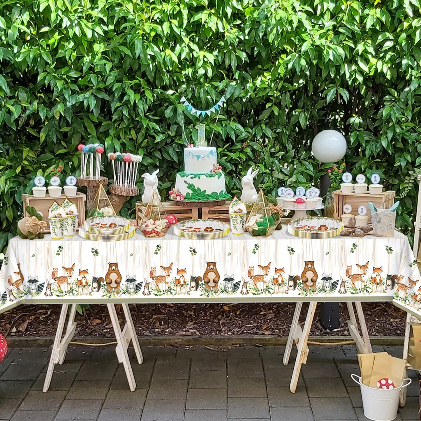 YARA Woodland Plastic Tablecloth For Baby Shower Decorations & Birthday Girl Boy |Safari Enchanted Forest Animals Decor |Neutral Gender Table