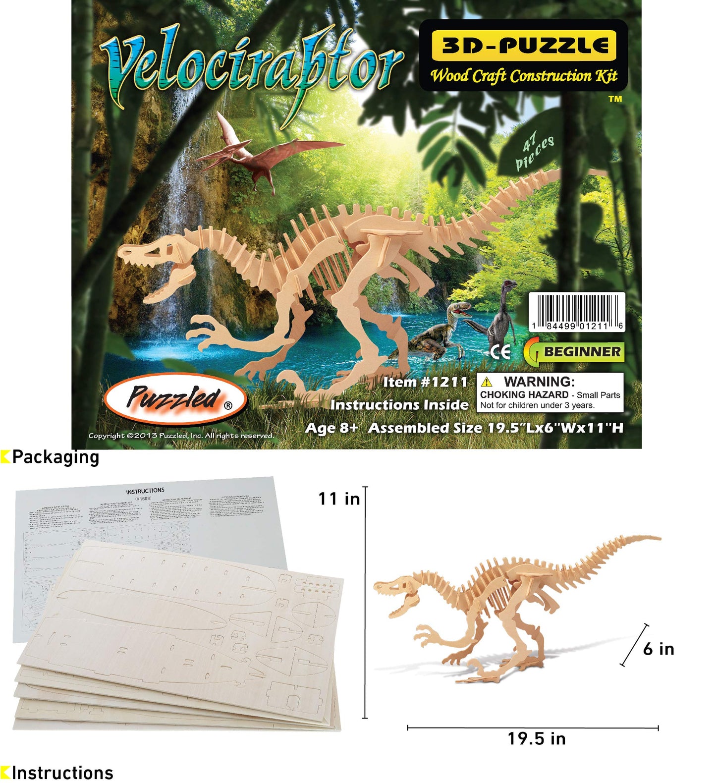 Puzzled 3D Puzzle Velociraptor Dinosaur Wood Craft Construction Kit Fun Unique & Educational DIY Wooden Dino Toy Assemble Model Unfinished Craft Hobby