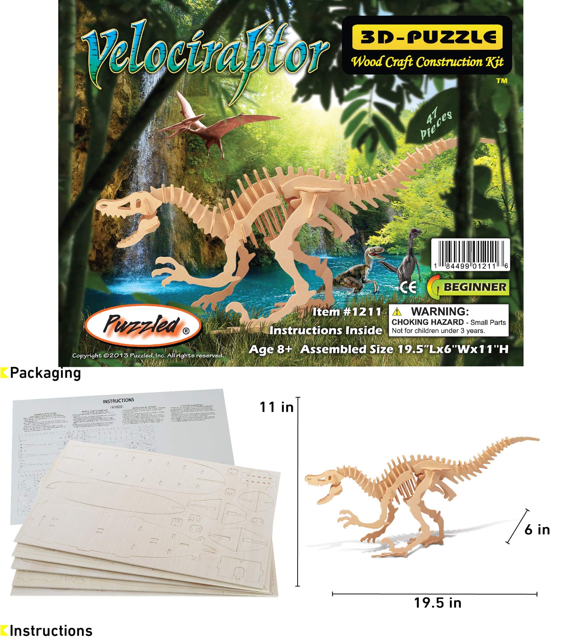 Puzzled 3D Puzzle Velociraptor Dinosaur Wood Craft Construction Kit Fun Unique & Educational DIY Wooden Dino Toy Assemble Model Unfinished Craft Hobby