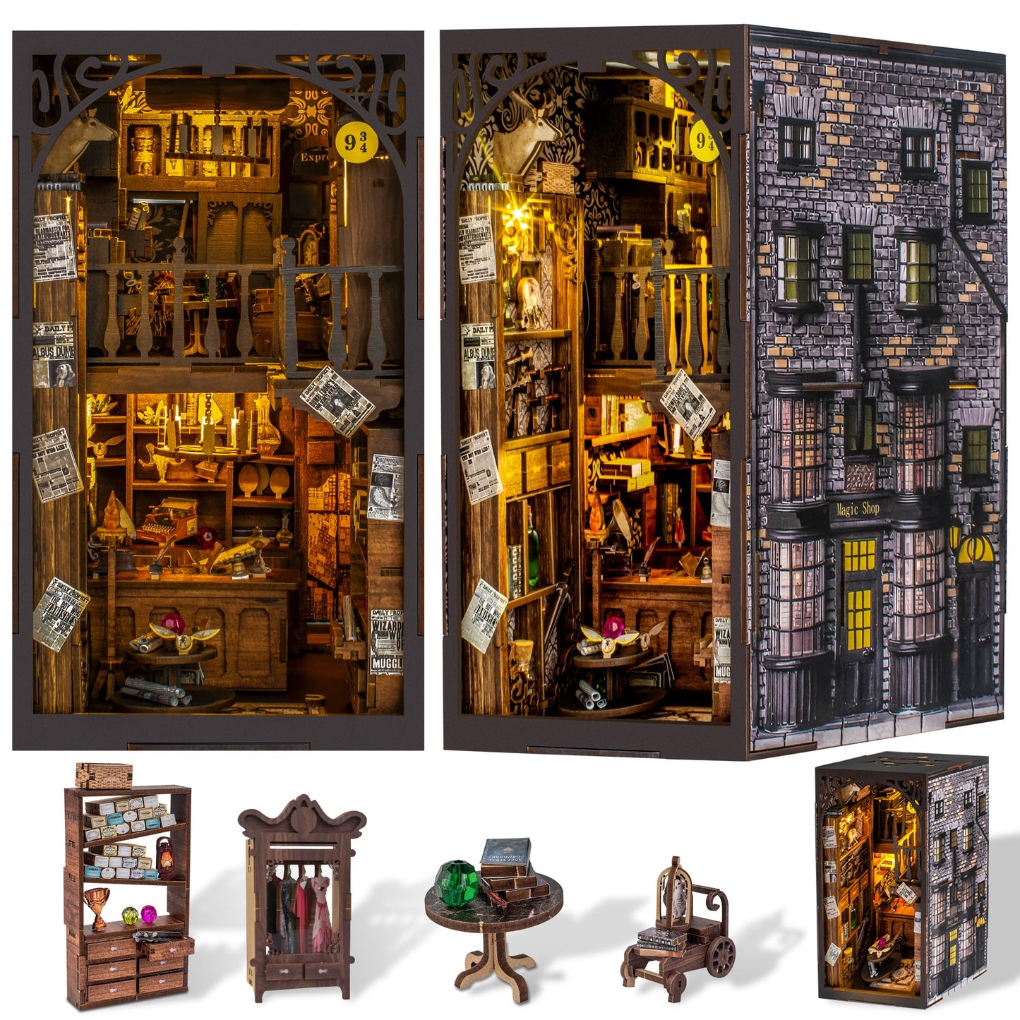 Wimlade DIY Book Nook Kit, Miniature Book Nook kit, Wooden 3D Puzzle Bookend Bookshelf Insert Decor, Halloween/Christmas Decorations/Gifts for Adults