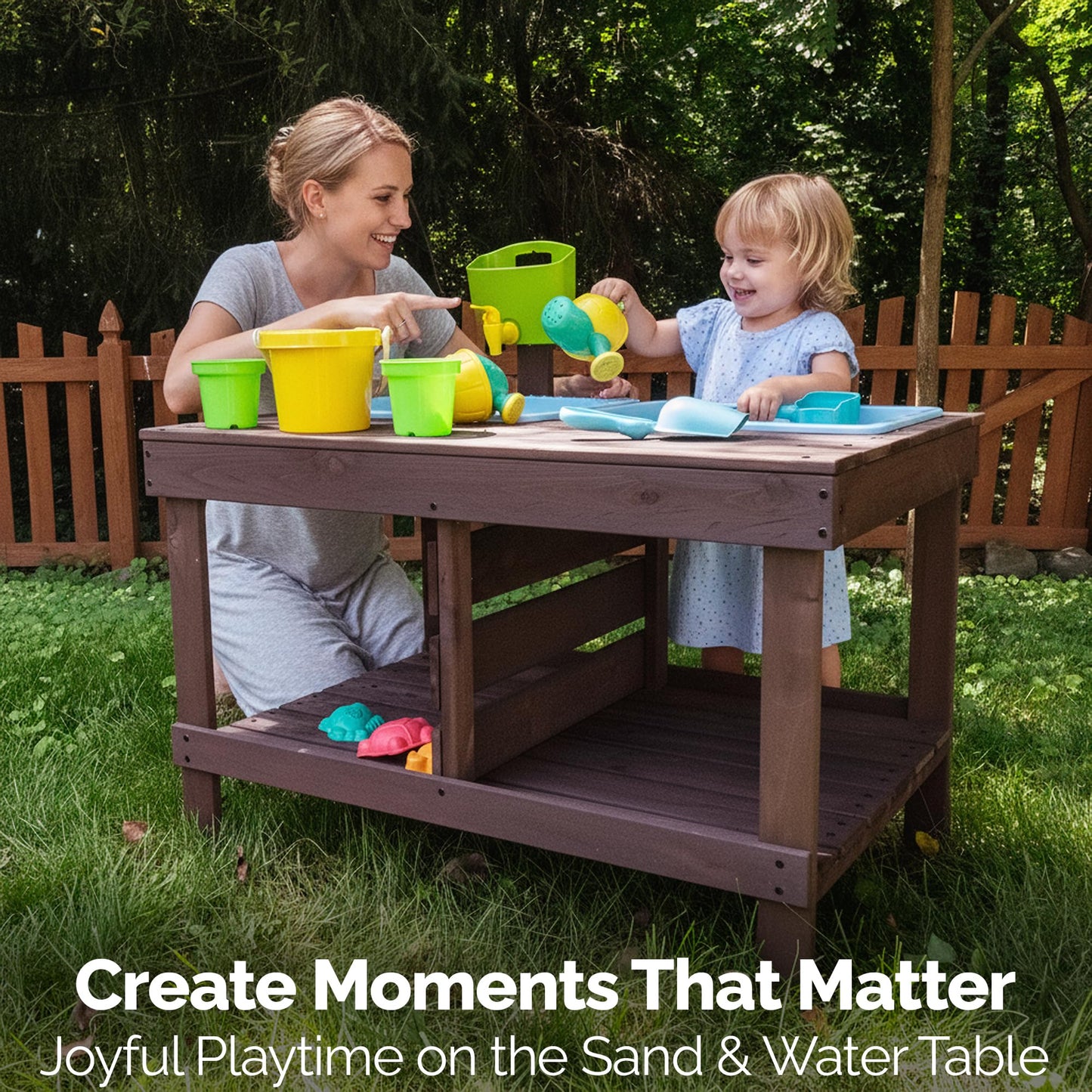 WONKAWOO Sand and Water Table for Toddlers | Outdoor Wooden Sensory Sand Table with 2 Plastic Bins, Built-in Water Tap and Beach Toys Included | Sand