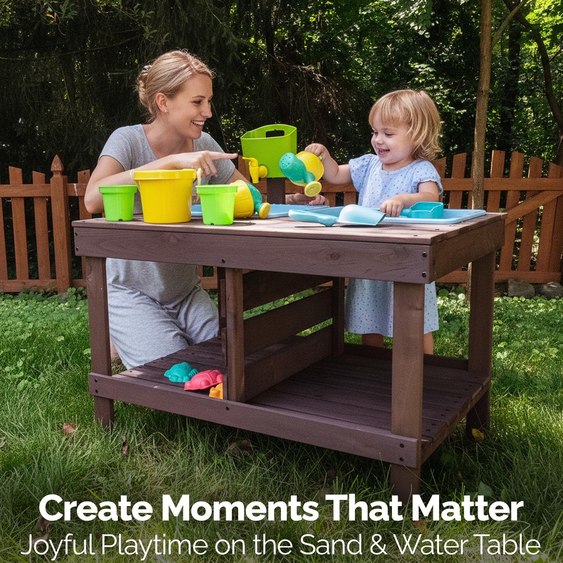WONKAWOO Sand and Water Table for Toddlers | Outdoor Wooden Sensory Sand Table with 2 Plastic Bins, Built-in Water Tap and Beach Toys Included | Sand