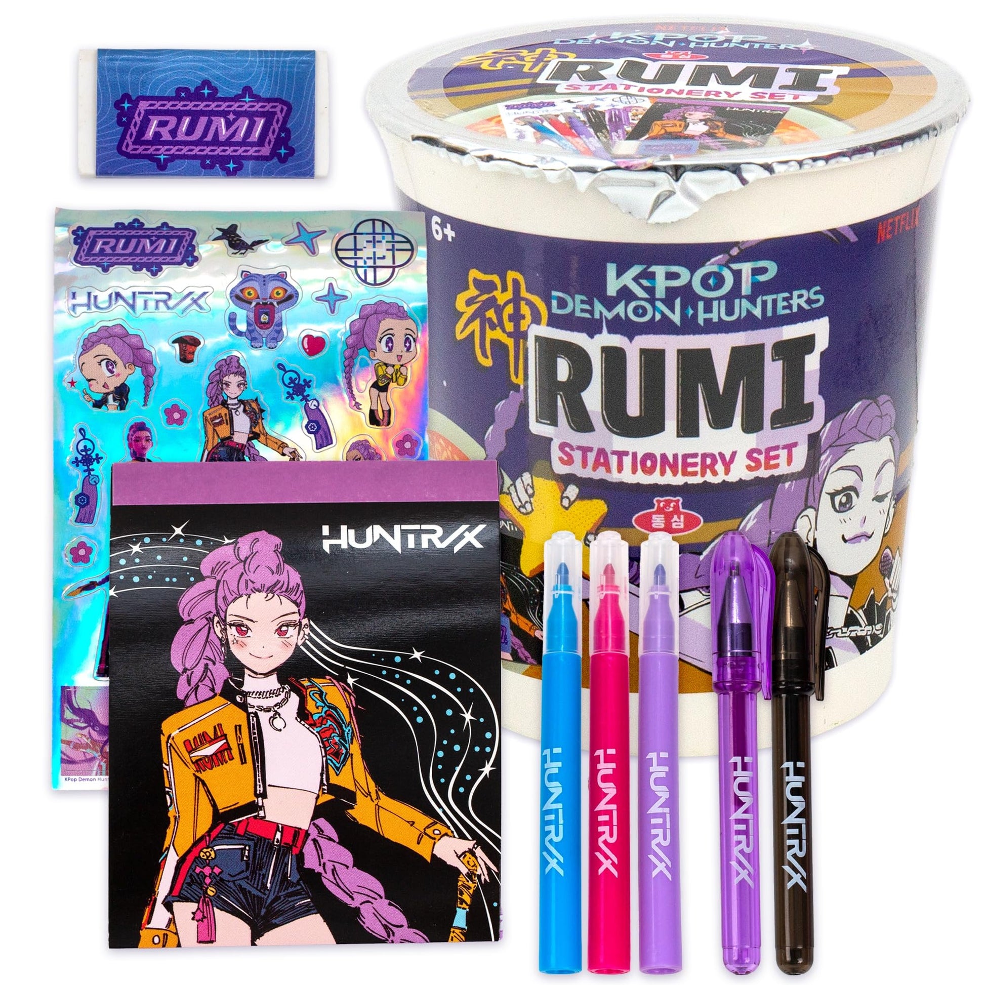 Kpop Demon Hunters™ Rumi Stationery Set with Mini Notebook, Gel Pens, Markers, Eraser, Bonus Kpop Stickers & Cute Storage, Official K Pop Demon
