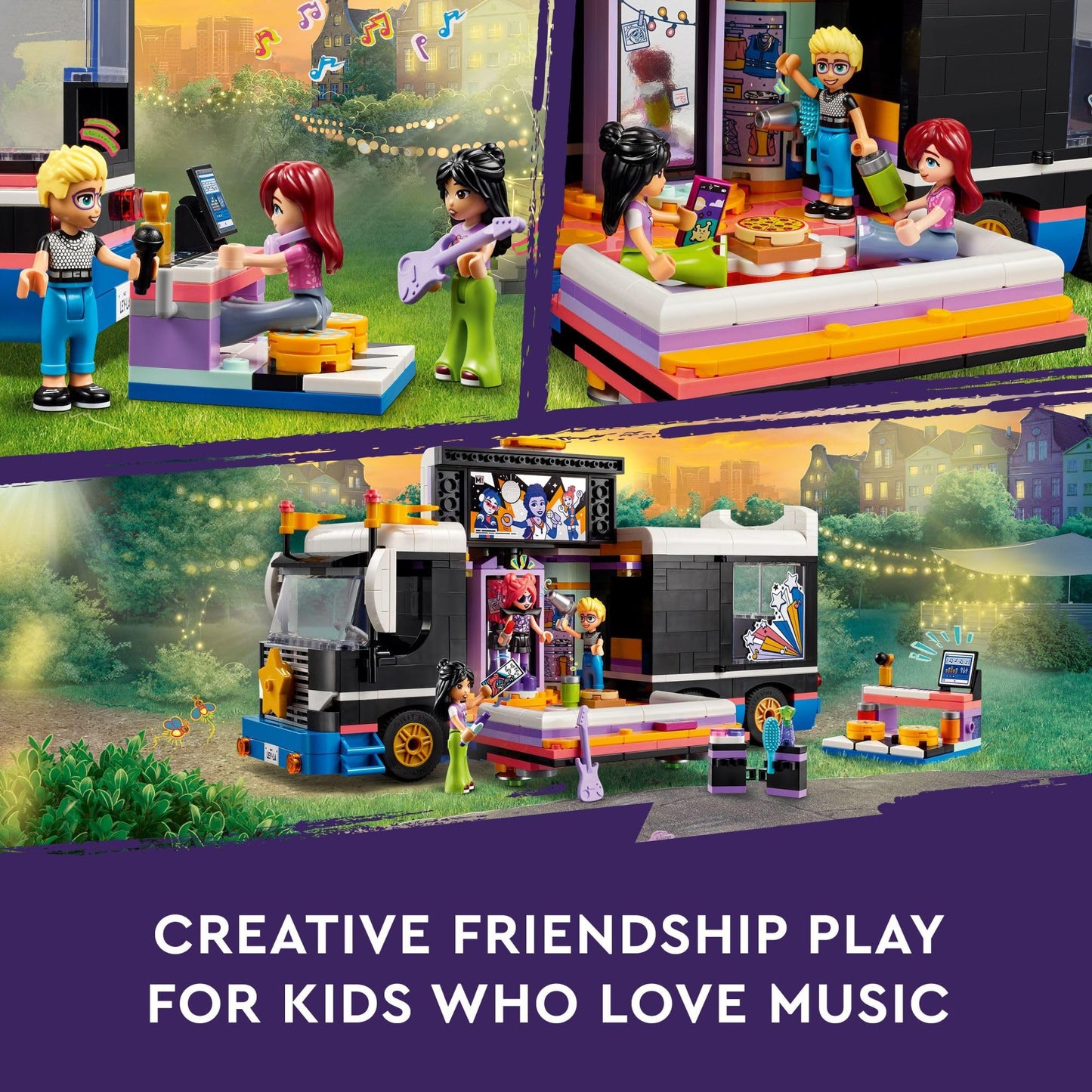 LEGO Friends Pop Star Music Tour Bus Play Together Toy, Social-Emotional Musical Toy with 4 Mini-Doll Characters, Toy Truck Building Kit, Music Gift
