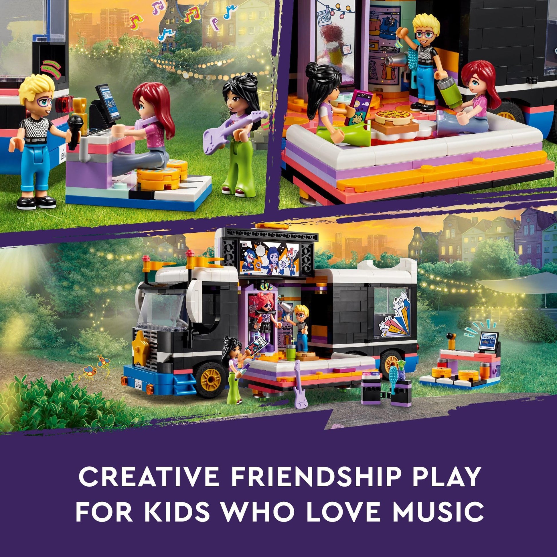 LEGO Friends Pop Star Music Tour Bus Play Together Toy, Social-Emotional Musical Toy with 4 Mini-Doll Characters, Toy Truck Building Kit, Music Gift