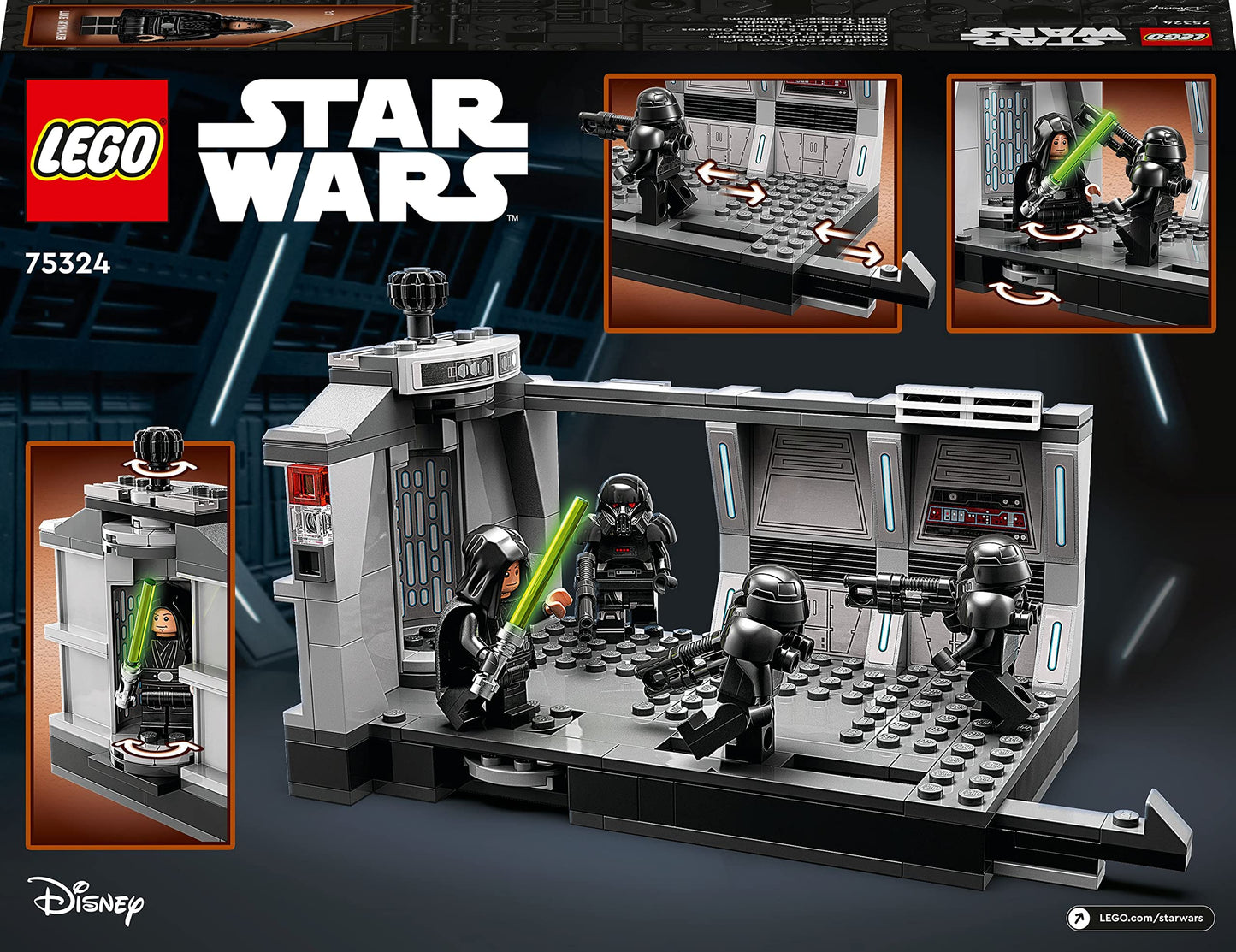 LEGO Star Wars Dark Trooper Attack Set, Mandalorian Building Toy 75324, with Revolving Elevator, Luke Skywalker Minifigure and Lightsaber, Pretend
