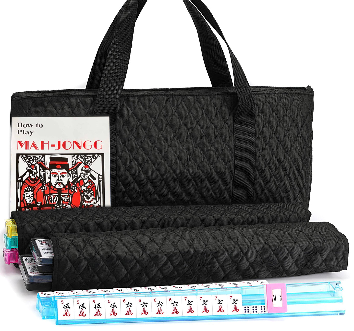 American Mahjong Game Set - Black Quilted Soft Bag 166 Premium Tiles with 4 All-in-One Rack/Pushers,100 Chips, Wind Indicator, English Manual. Easy