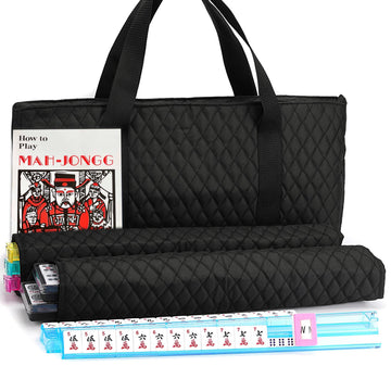 American Mahjong Game Set - Black Quilted Soft Bag 166 Premium Tiles with 4 All-in-One Rack/Pushers,100 Chips, Wind Indicator, English Manual. Easy