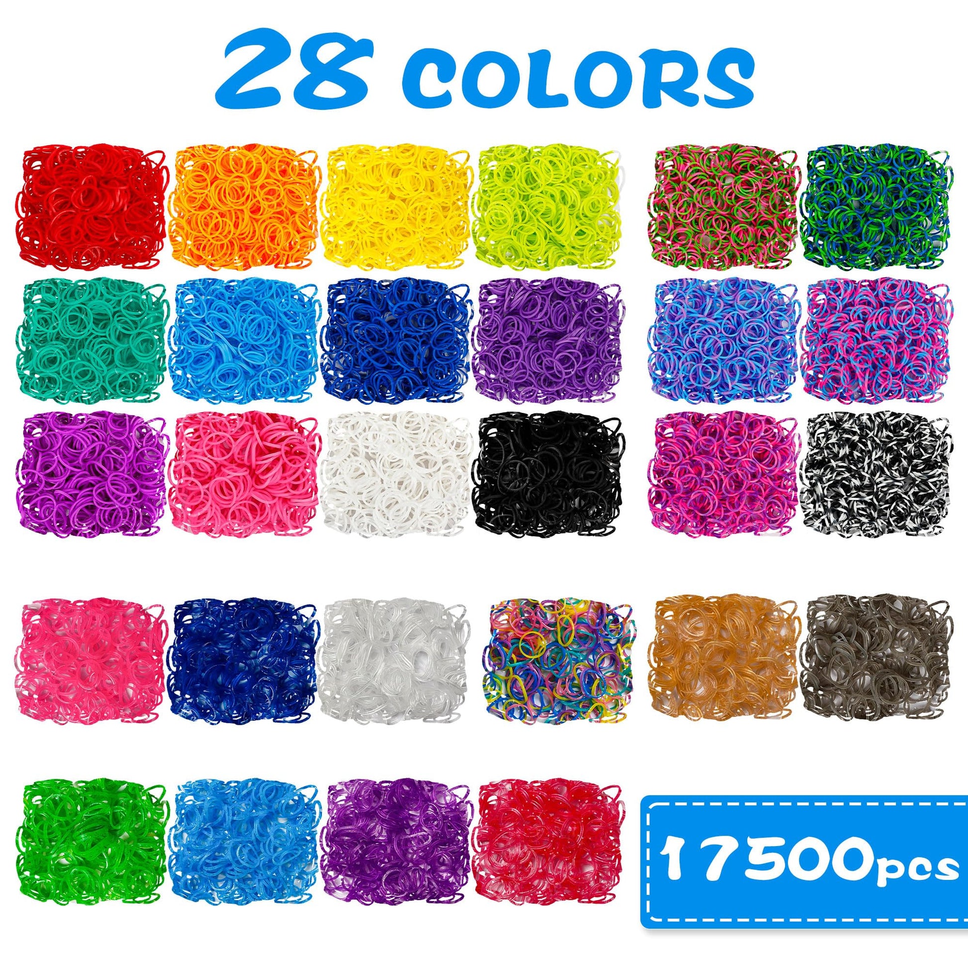 INSCRAFT 17500+ Rubber Loom Bands with 3 Layer Deep Blue Container, 28 Colors, 600 S-Clips, 352 Beads, 40 Cartoon Pendant, Bracelet Making Refill Kit