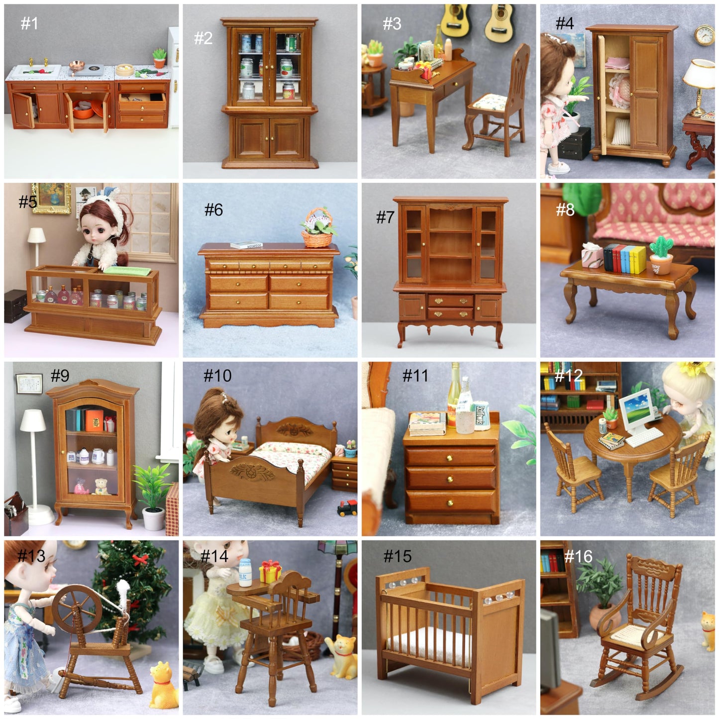 AirAds Dollhouse Accessories 1:12 Scale Dollhouse Miniature Furniture wooded Bed Hutch cabinets Dollhouse furnitures (#7 Buffet Hutch)