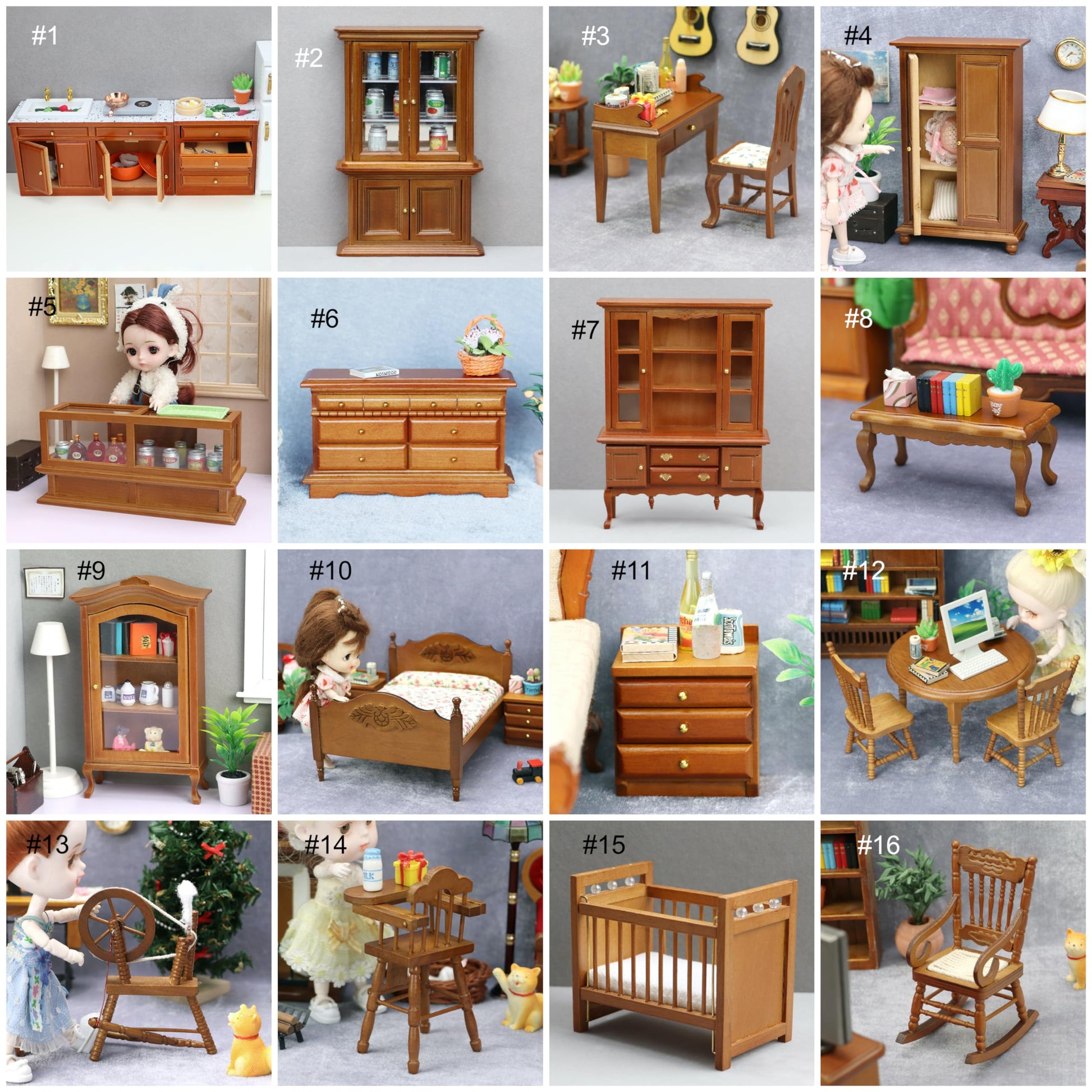 AirAds Dollhouse Accessories 1:12 Scale Dollhouse Miniature Furniture wooded Bed Hutch cabinets Dollhouse furnitures (#7 Buffet Hutch)