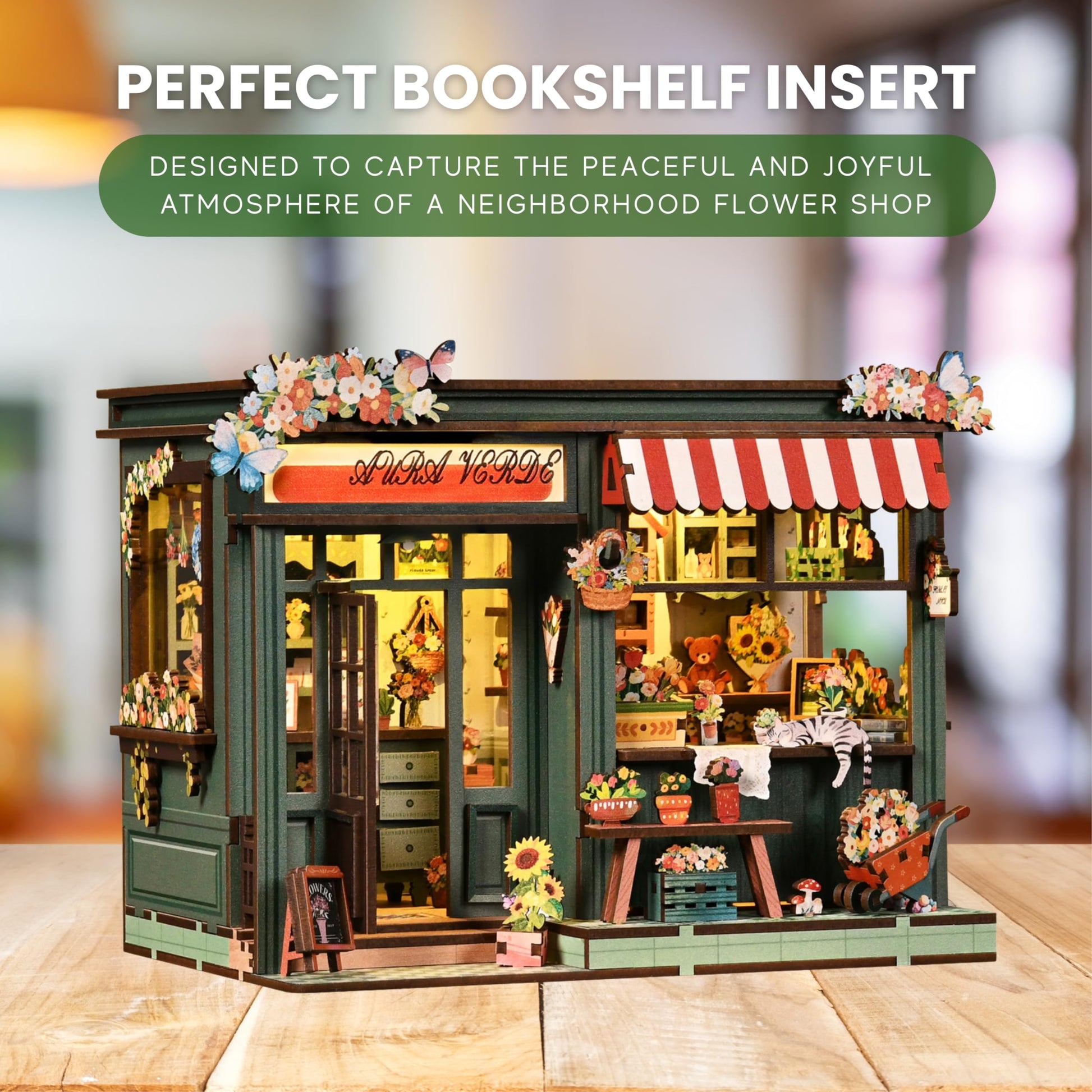 Nimpro DIY Book Nook Kit with LED Lights - 3D Wooden Puzzles for Adults (Aura Verde Flower Room)