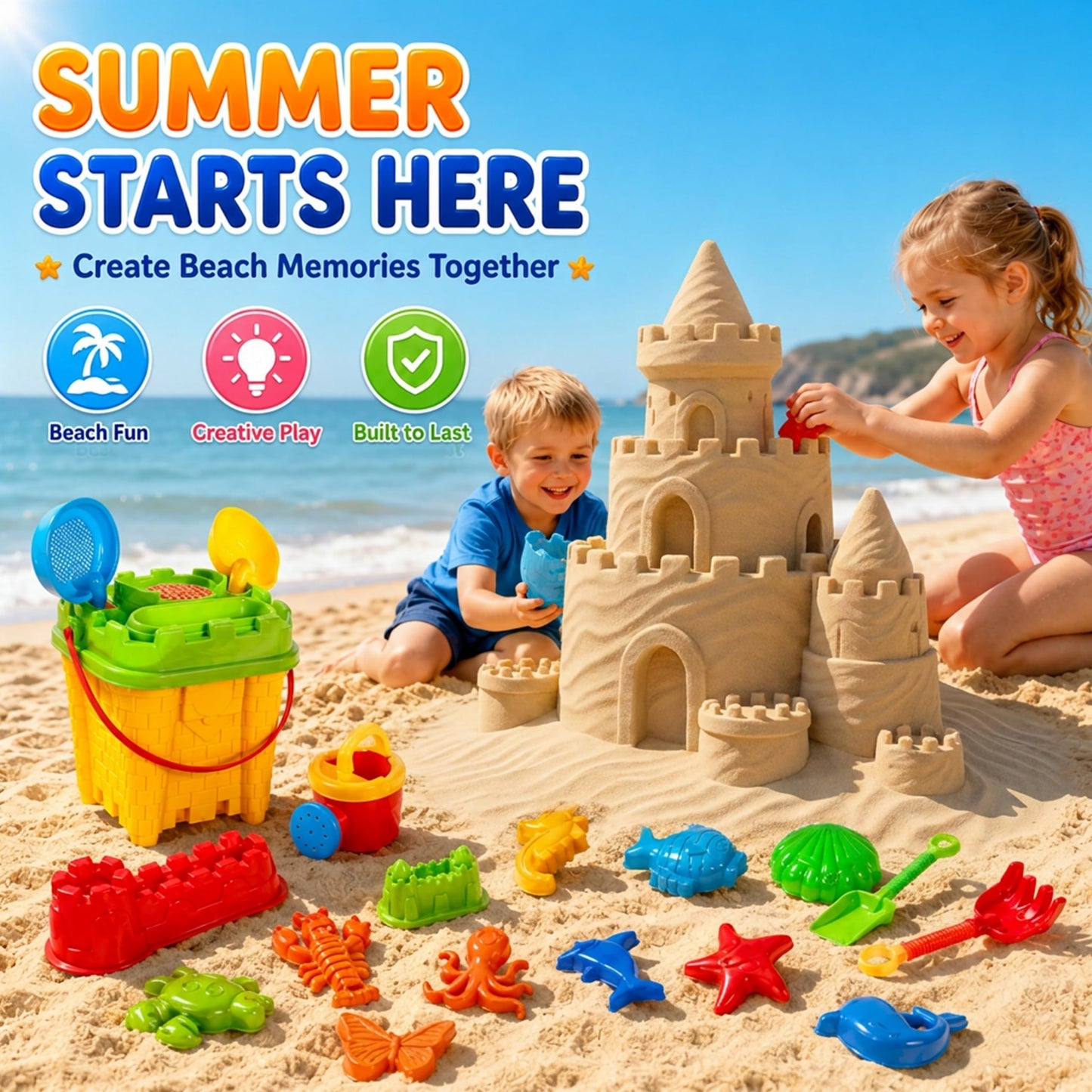 23 PCS Silicone Beach Sand Toys Including Sand Bucket, Pail, Shovel & Molds
