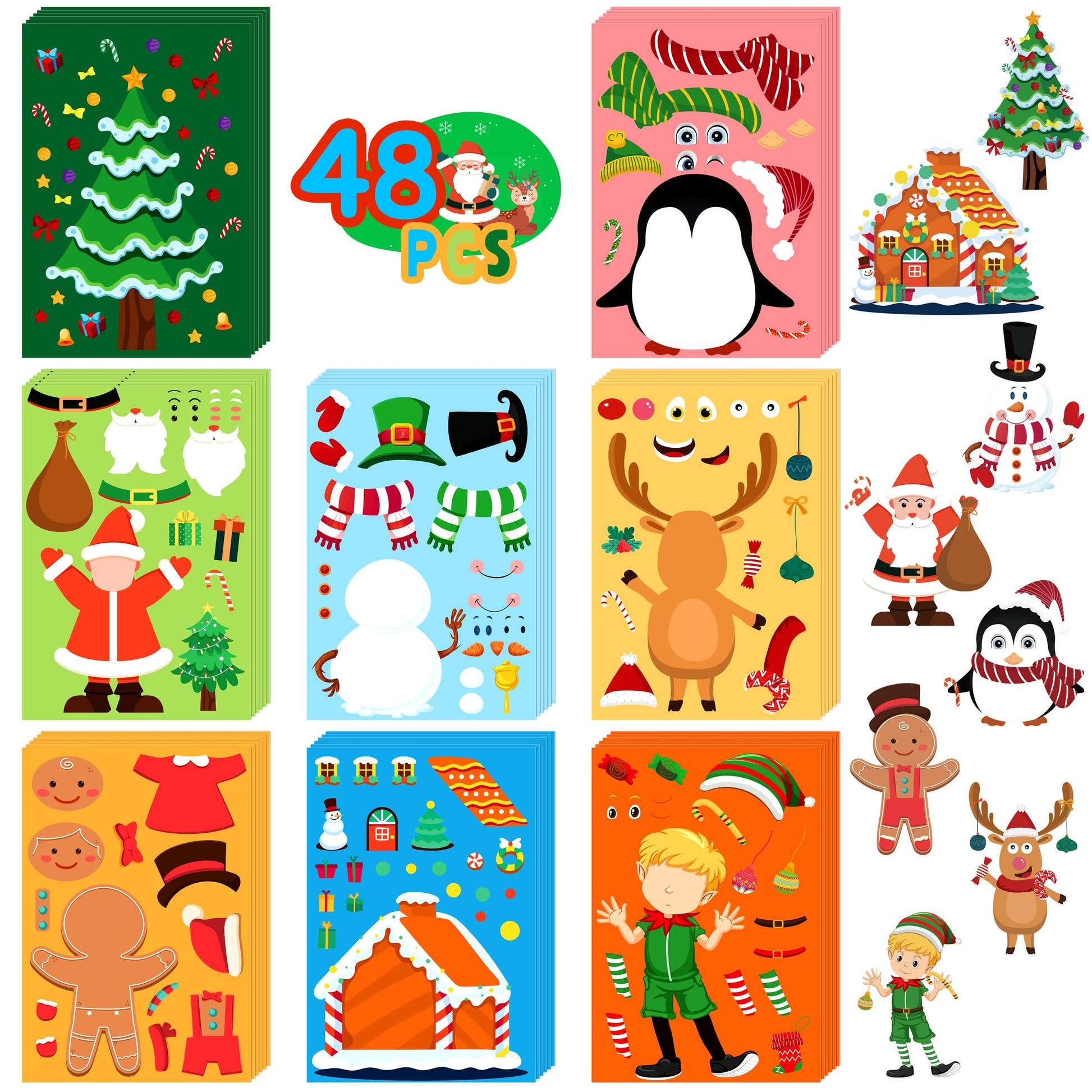 LINAYE 48 Sheets Christmas Stickers Crafts for Kids Toddlers, 8 Styles Make Your Own Stickers Goodie Treat Bag Stuffers Christmas Game Activities
