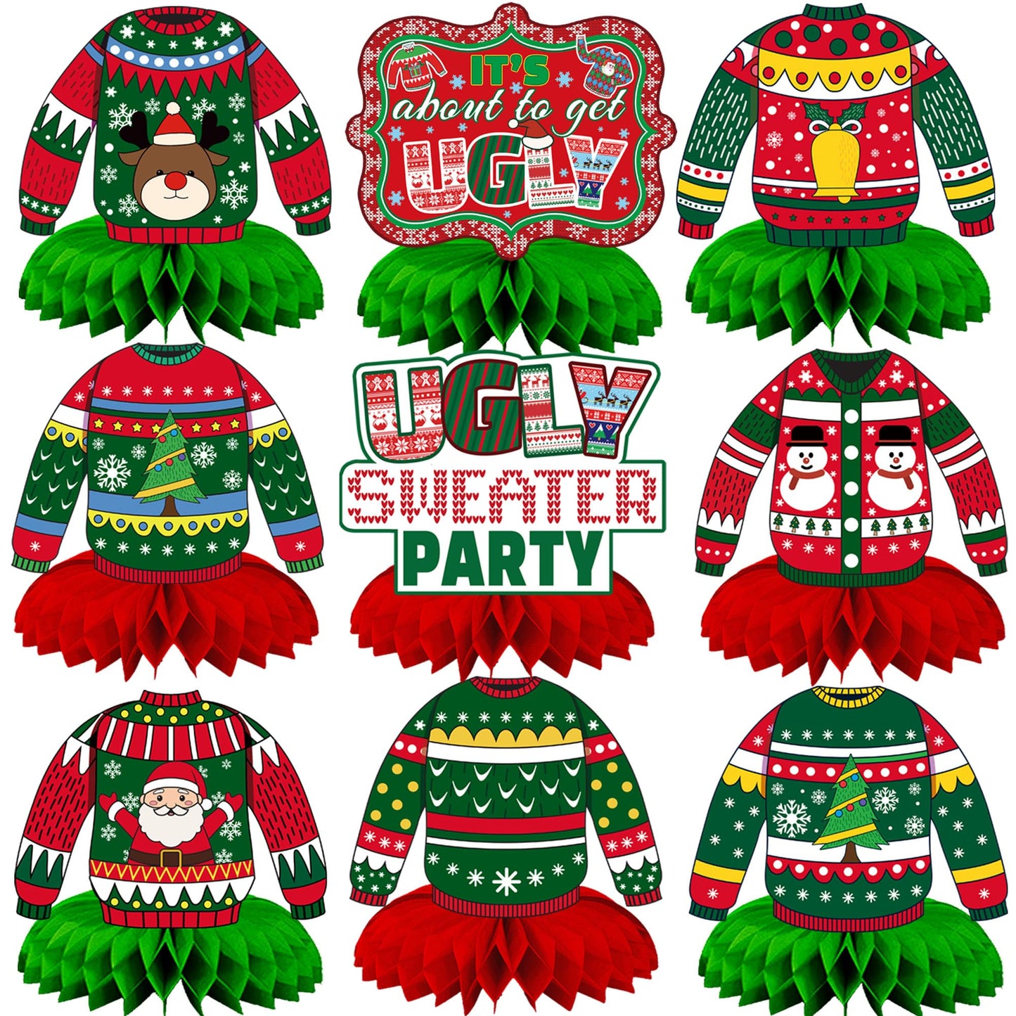 CUUSNNY 9 Pcs Ugly Sweater Party Decorations Honeycomb Centerpiece