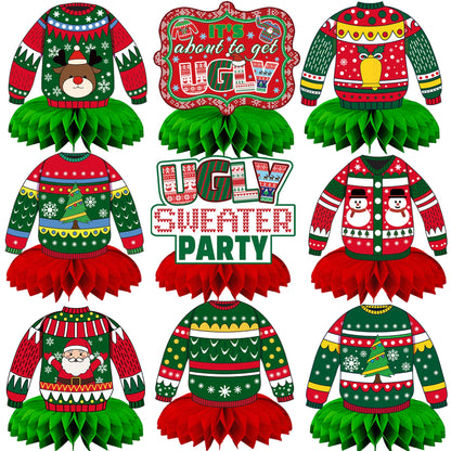 CUUSNNY 9 Pcs Ugly Sweater Party Decorations Honeycomb Centerpiece