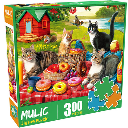 300 Piece Puzzles for Adults - Jigsaw Puzzles for Kids Seniors - Picnic Kittens and Donut
