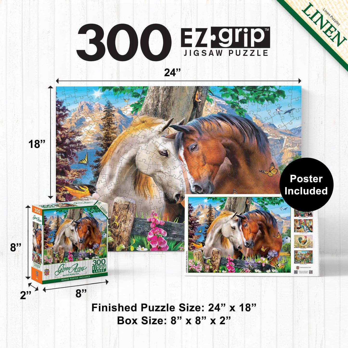 MasterPieces - 300 Piece Jigsaw Puzzle, Large EZ Grip Shapes, Mountain Meadow Farm, Fun for Adults, Seniors, Family, Kids, Matte Finish, 18" x24
