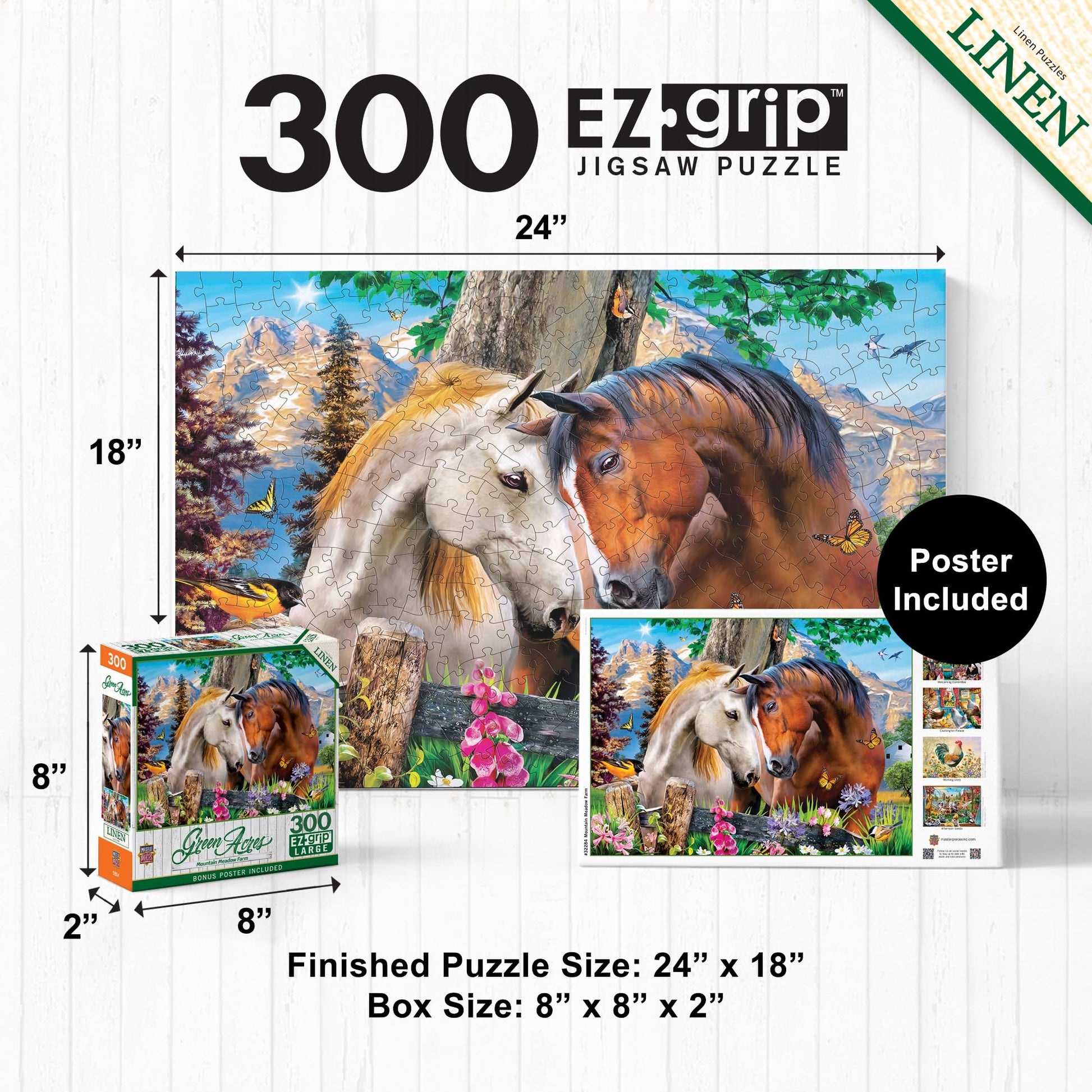 MasterPieces - 300 Piece Jigsaw Puzzle, Large EZ Grip Shapes, Mountain Meadow Farm, Fun for Adults, Seniors, Family, Kids, Matte Finish, 18" x24