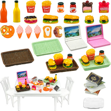 30 Pcs Miniature Food Drinks Laptop Computer Books Toys Dollhouse Miniature Furniture Plastic Table Fits Accessories Scale Dollhouse Playsets Girl