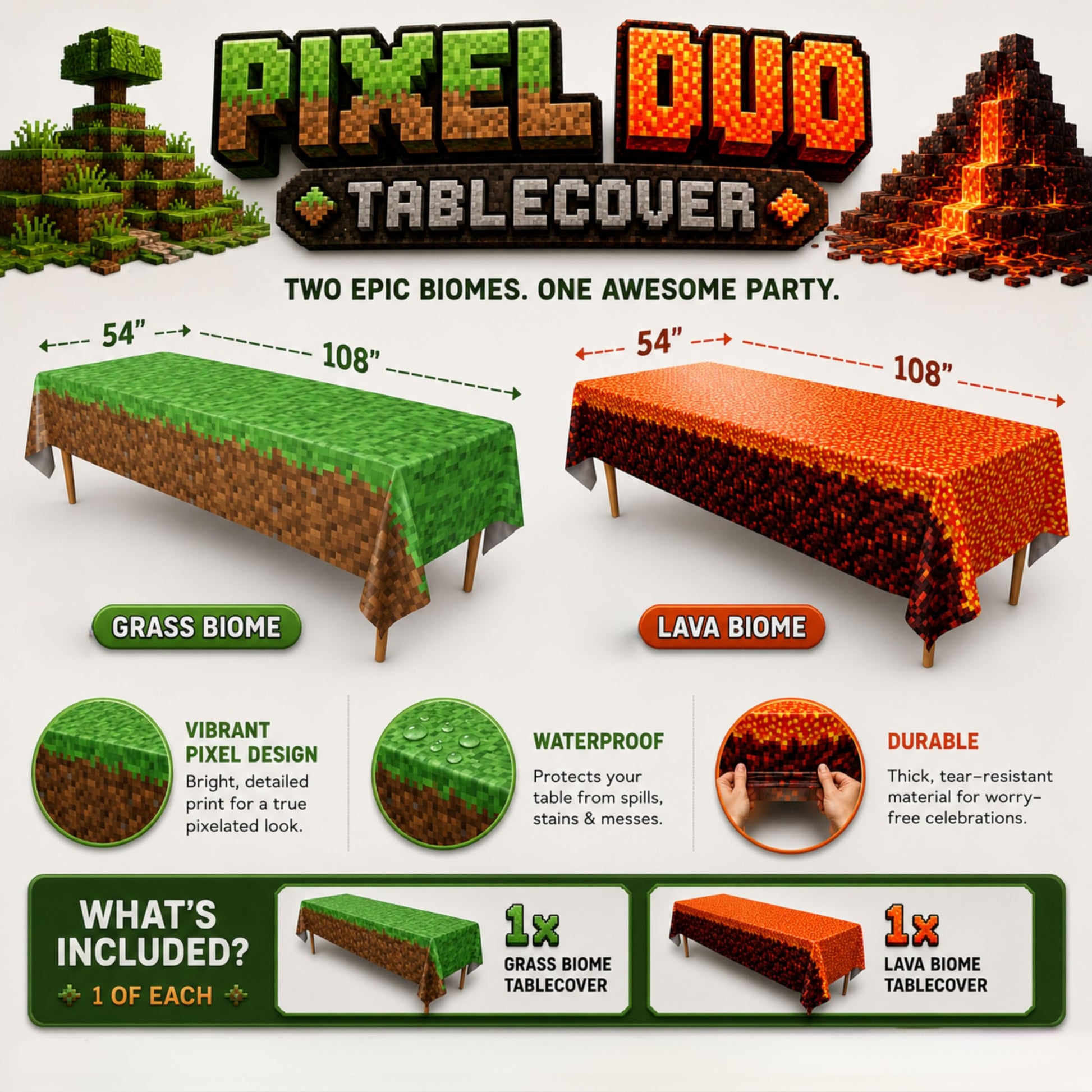 Pixel Field & Lava Duo Table Covers (Pack of 2) - XL 54"x108" - Immersive Biomes Birthday Party Decorations, Gamer Party Tablecloth, Pixel Themed