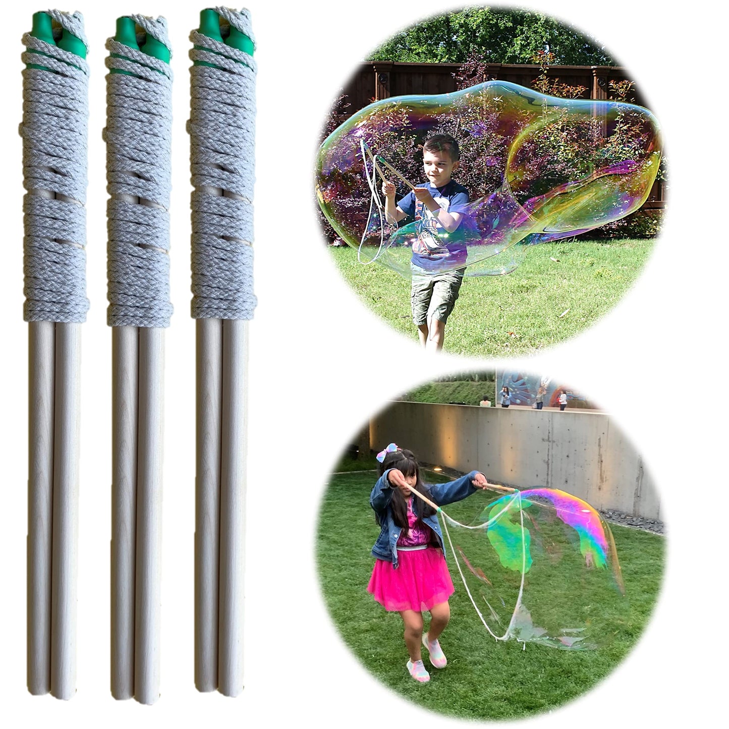 Bubbleventi Giant Bubble Wands | 3-Pack of Wooden Wands | Made in USA | Perfect for Kids | Use at Birthdays and for STEM/Family Fun