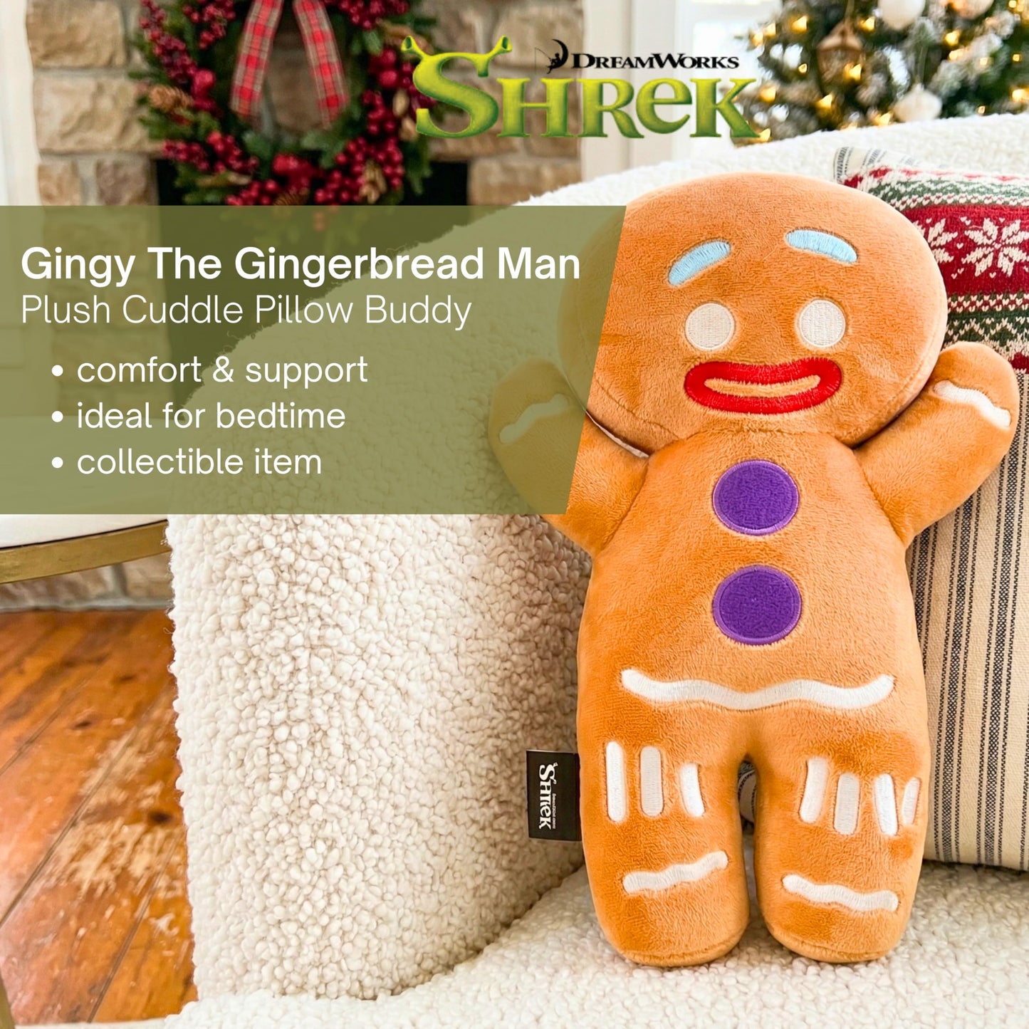 Shrek Gingy Gingerbread Man Bedding Super Soft Cozy Cuddle Pillow, (Officially Licensed Product) by Franco