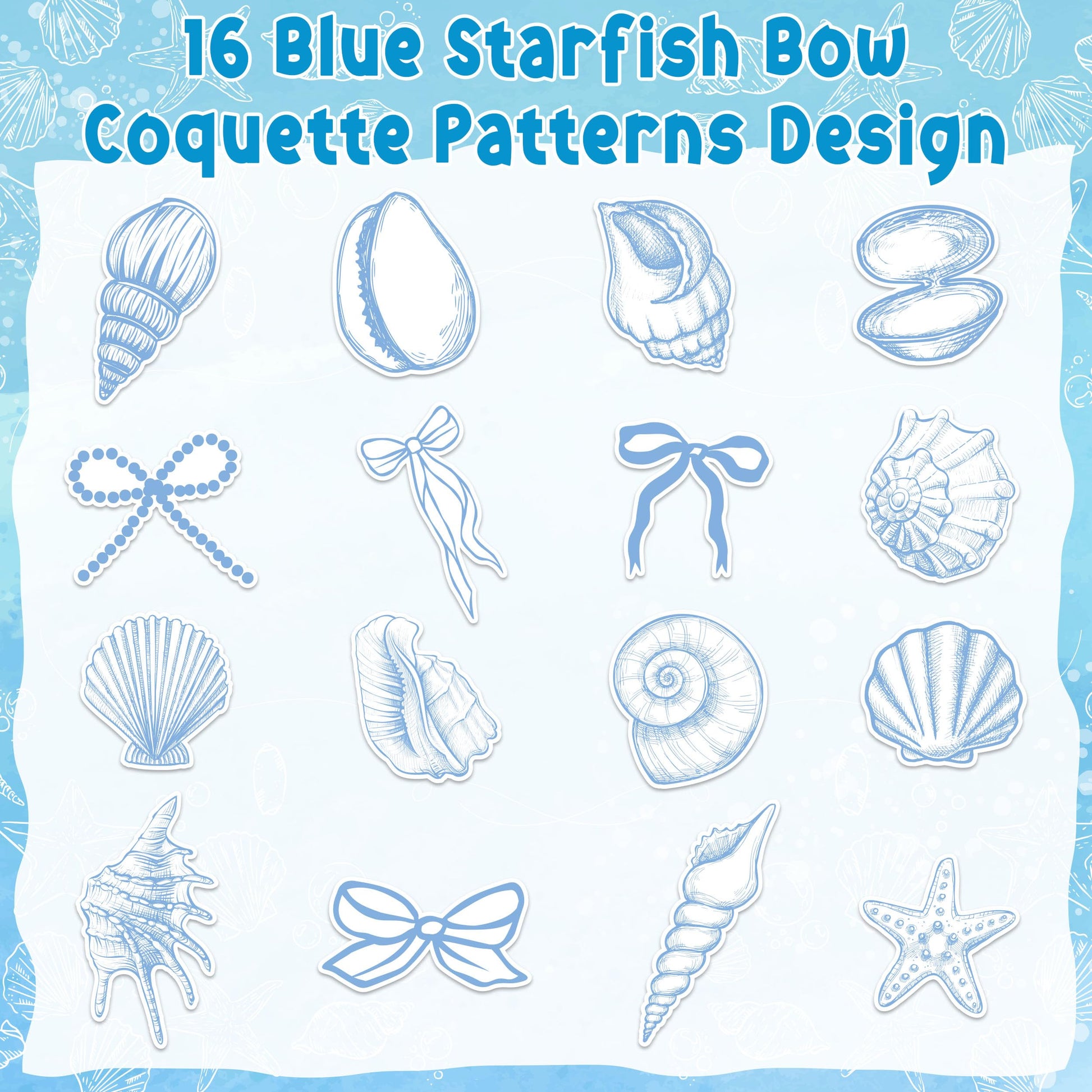 DSjuedui Summer Blue Seashell Roll Stickers - 1000Pcs Funny Blue Ocean Life Starfish Bow Vinyl Decals for Kids, Under the Sea Beach Theme Stickers