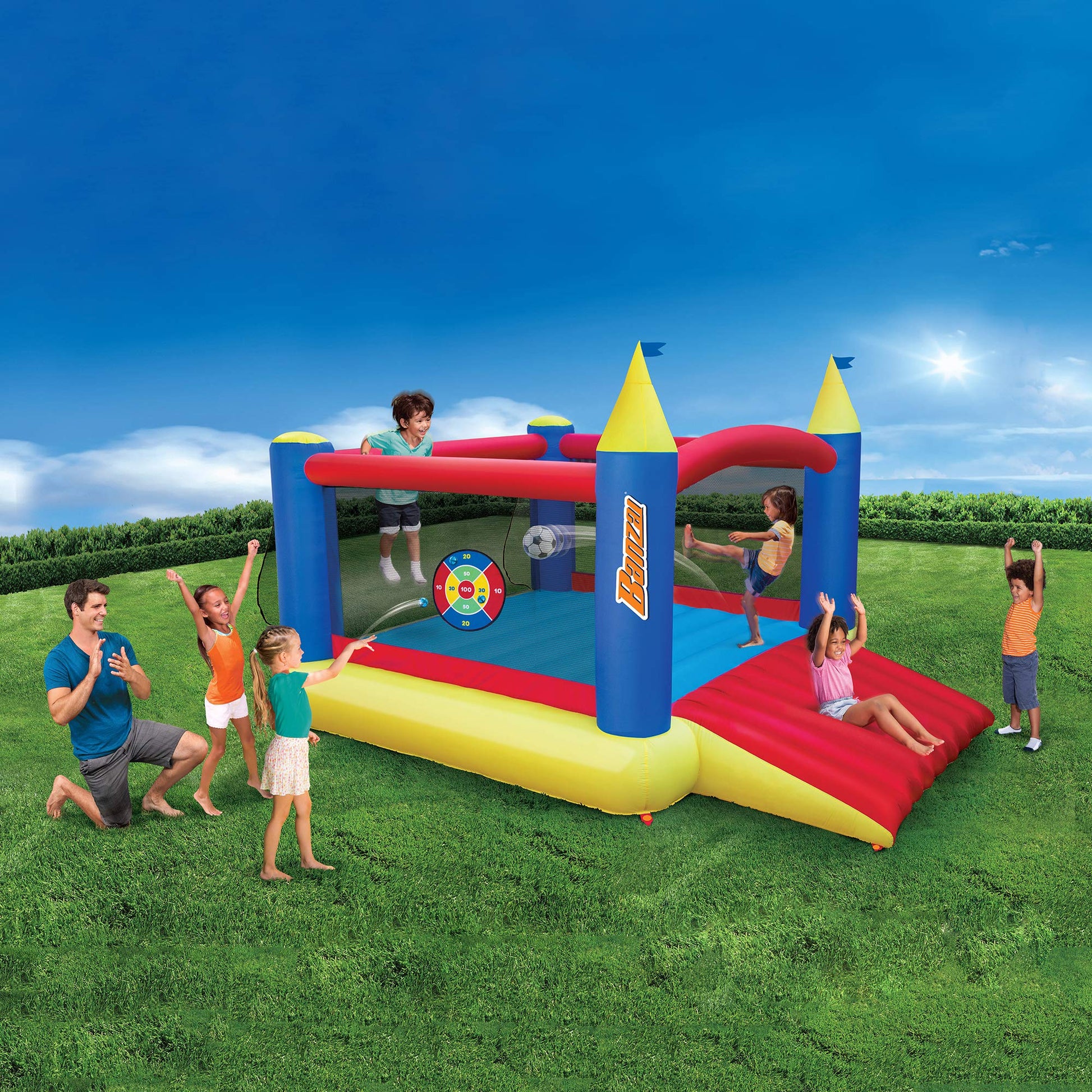 BANZAI Inflatable 13' Water Slide Park Plus 12' Bounce House 2 for 1 Value Pack w Free Air Blower- Inflates in Under 2min- Heavy Duty Kids Adventure