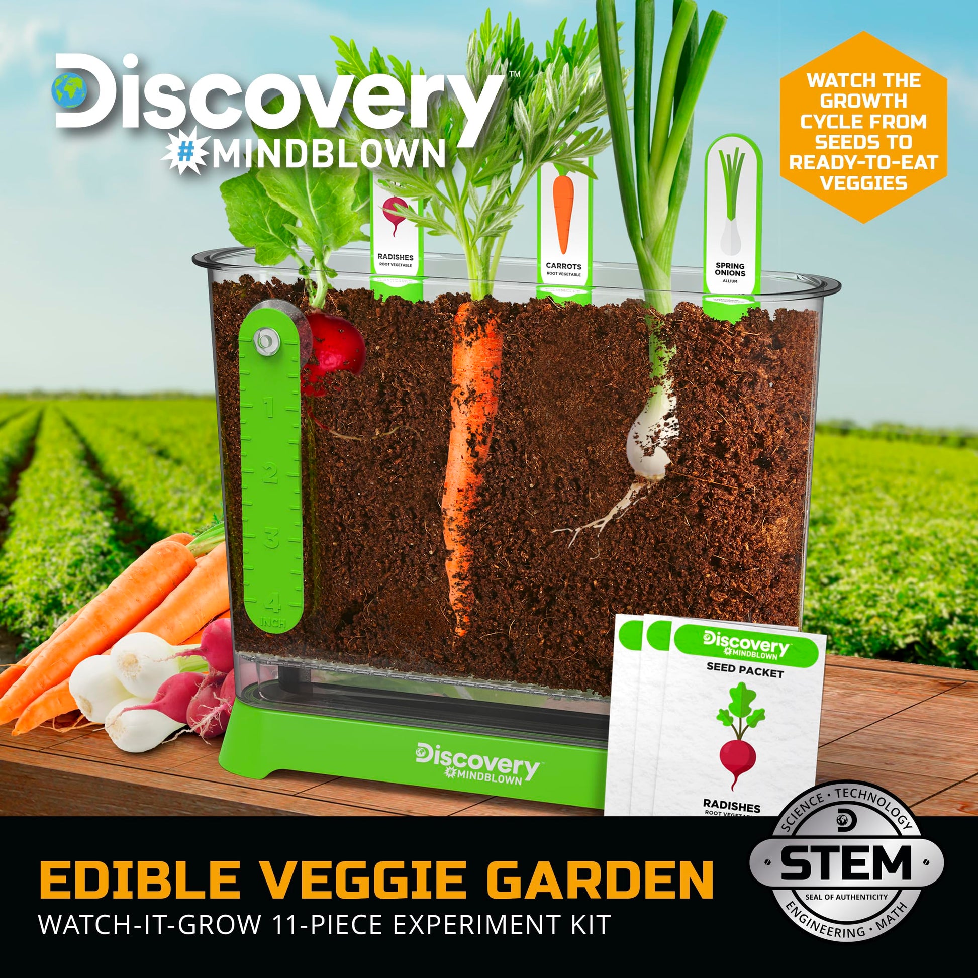 Discovery™ Edible Veggie Garden Watch-It-Grow Kit - DIY STEM Activity for Kids | Grow Carrots, Radishes & Onions| 11-Piece Science Kit with Seeds