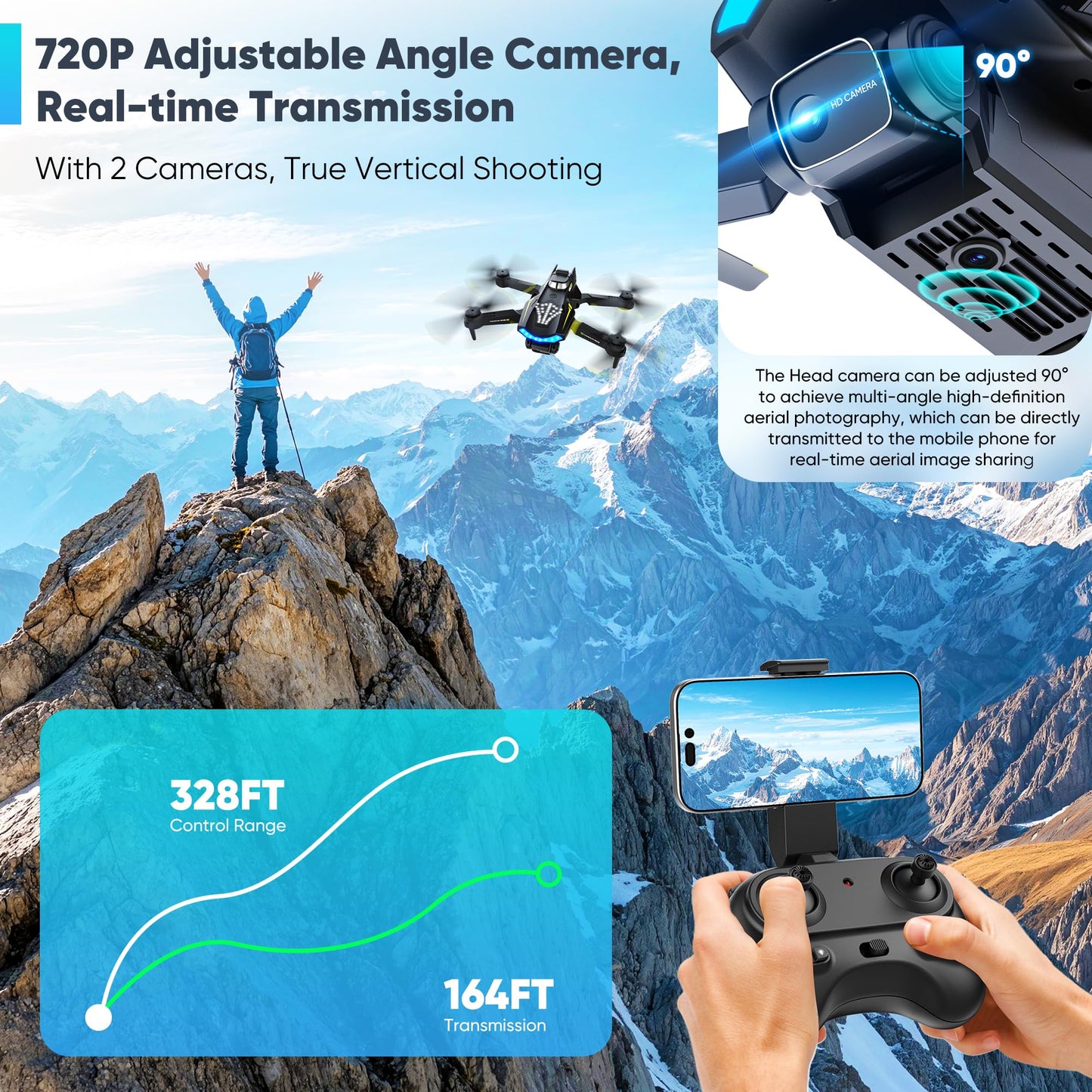 Flymevac Drone with Camera, Dual 720HD, Drone for Kids with Cool Lights, Gestures Control, Vertical Shooting, Waypoint Flight, Gravity Control, 3D