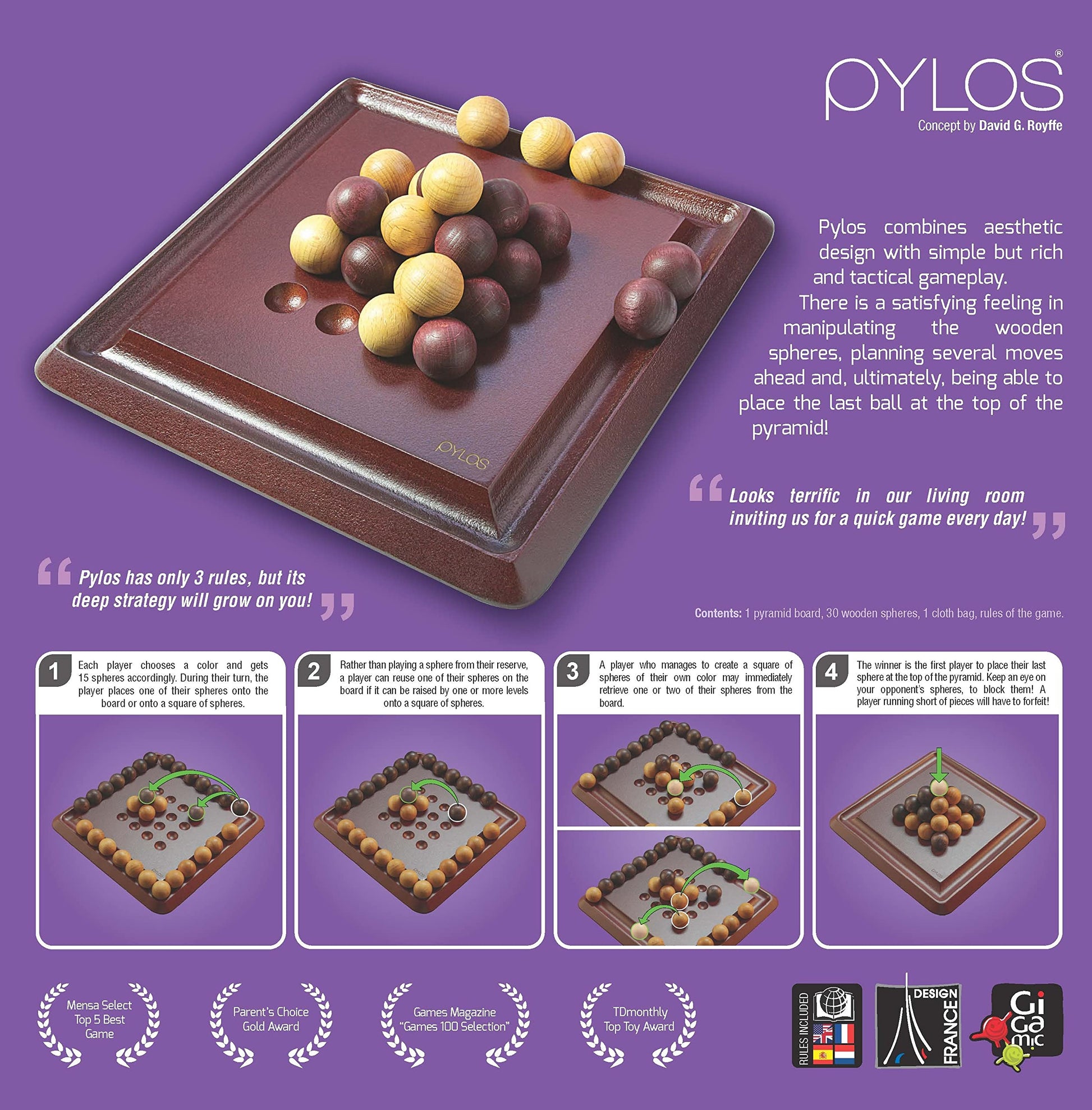 Pylos | Wooden Abstract Strategy Board Game for Kids and Adults | Compete to Stack The Final Ball on The 3D Puzzle Pyramid | Award-Winning Family Game