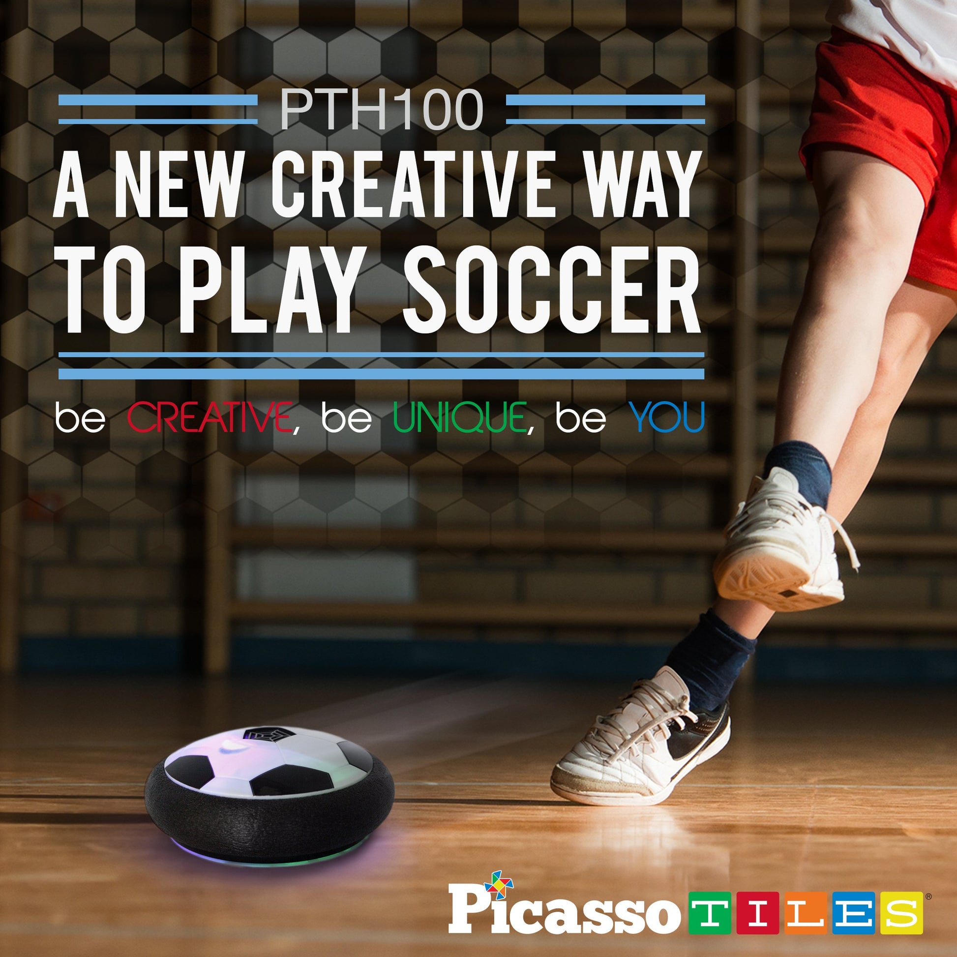 PicassoTiles Hoverball Air Hockey Soccer Floating Disc with LED Light Airlift Power Soft Bumper Indoor Gliding Toy Battery Operated Movement Training