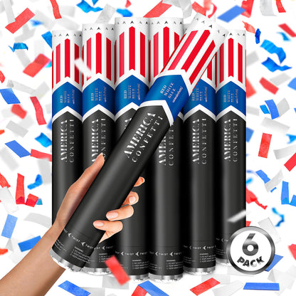 16" America Confetti Cannons | Red White & Blue Confetti Poppers [6 Pack] Biodegradable Paper, Party Poppers for Independence Day/July 4th, Patriotic