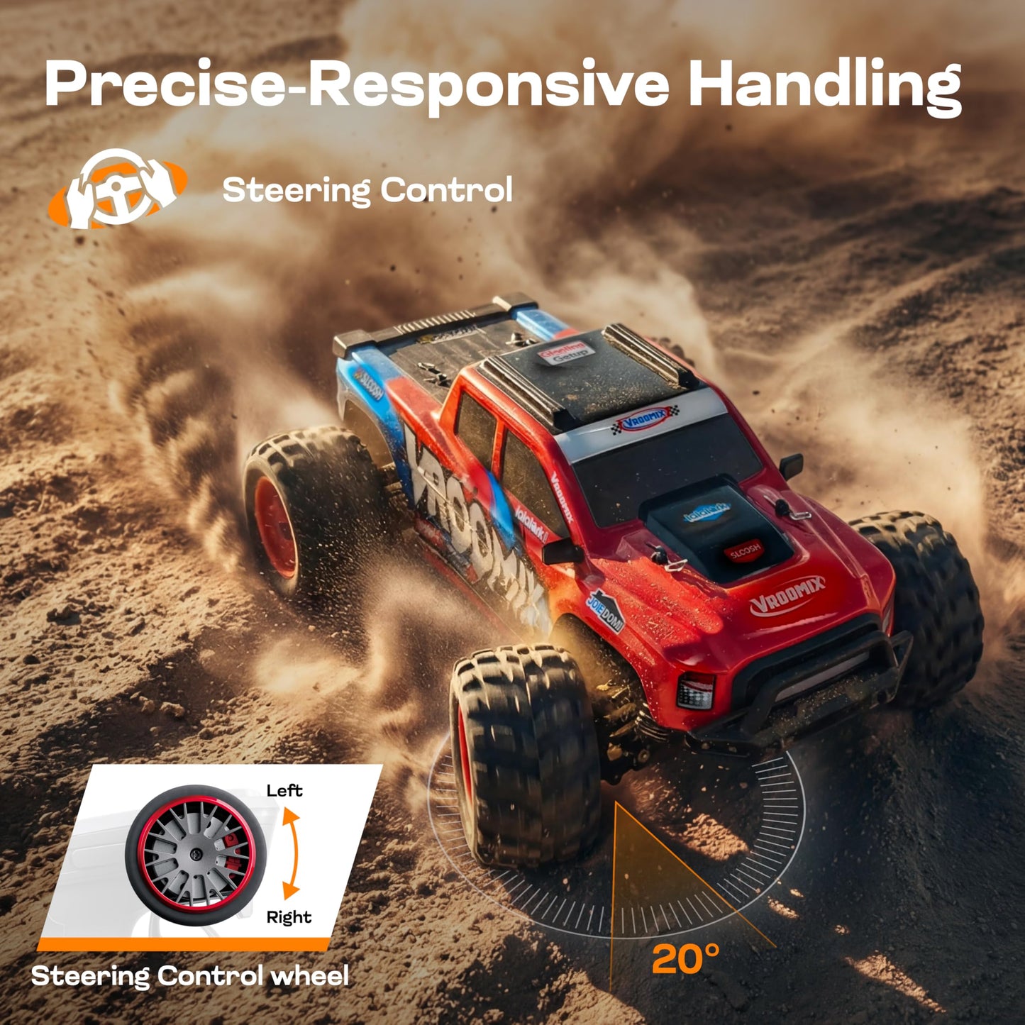 Vroomix 1:16 4WD RC Car, Red Remote Control Light Hobby Racing Monster Truck Toy Gift for Kids, 3 Driving Modes, Up to 28 Mph, 35 Mins, 110 Ft Range