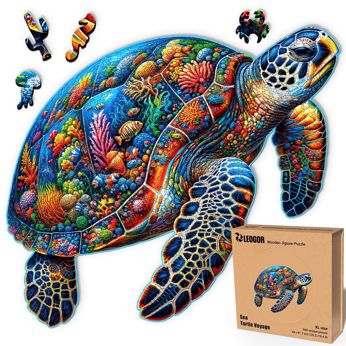 LEOGOR Wooden Jigsaw Puzzles for Adults 500 Pieces (25.2 x 16.4 in), Sea Turtle Puzzle, Extra-Thick 5mm Wood, Colorful Marine Life Design, Unique Gift