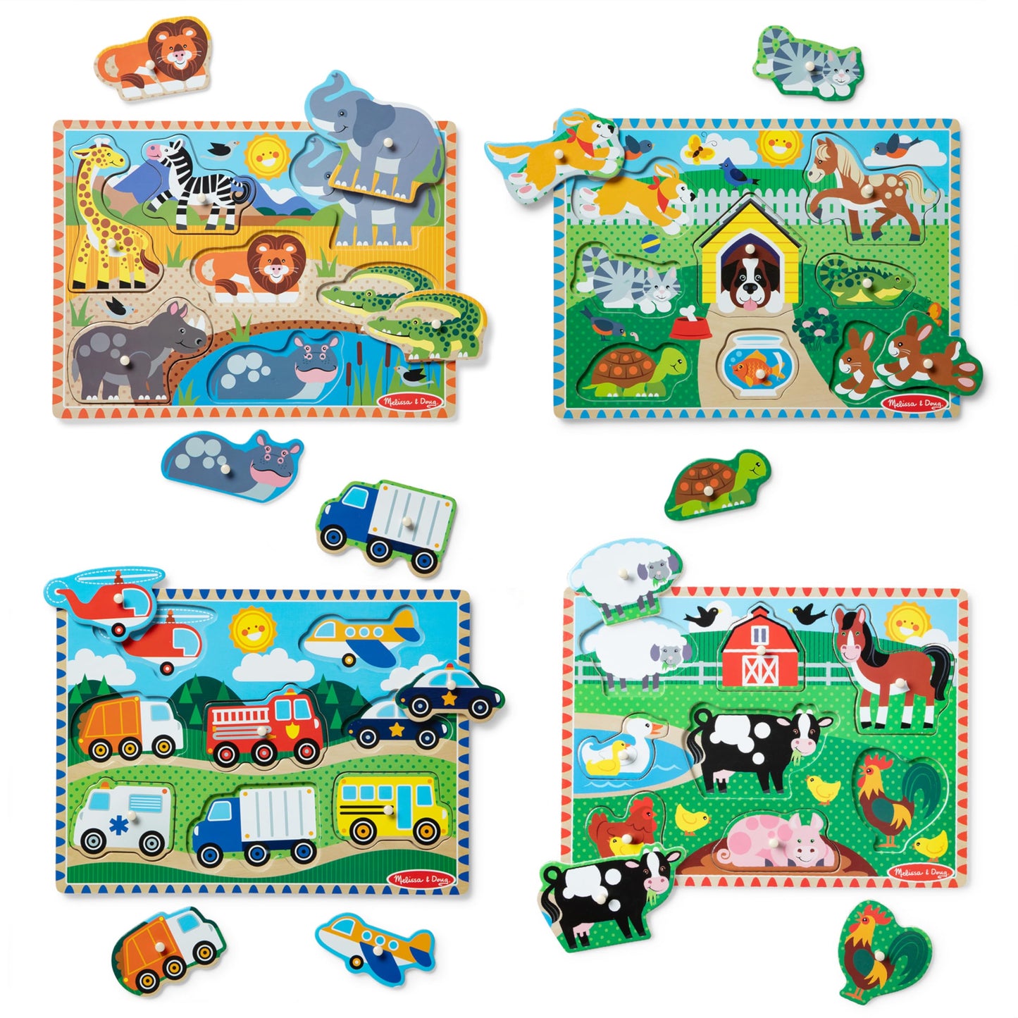 Melissa & Doug Wooden Peg Puzzle Set - 4-Pack Vehicle, Farm, Safari & Pet Animal Themes - Educational Puzzles for Toddlers and Preschoolers Ages 2+