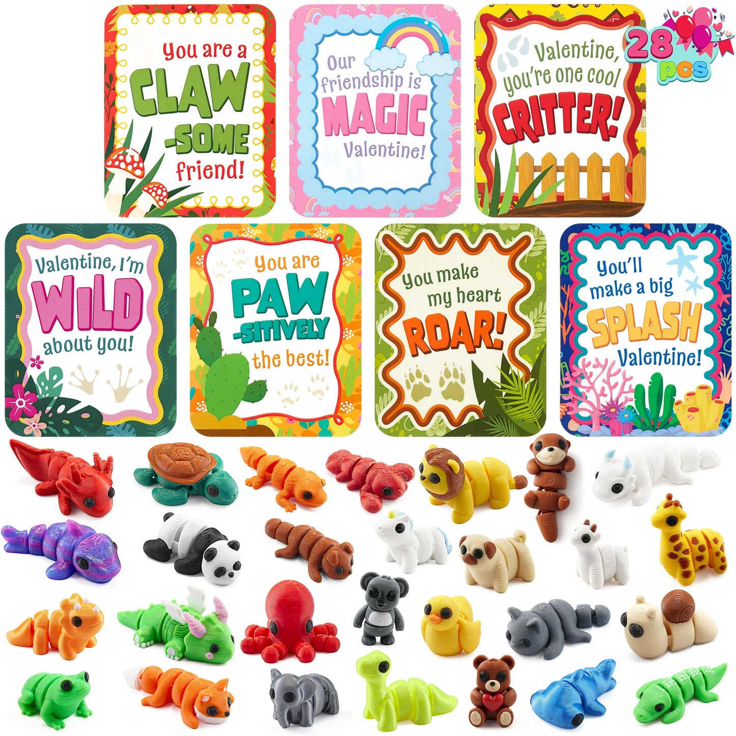JOYIN 28 Pcs 3D Printed Mini Animals with Valentine Greeting Cards, Animals Articulated Flexible Stress Toy for Kids, Classroom Gift Exchange Prizes