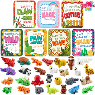 JOYIN 28 Pcs 3D Printed Mini Animals with Valentine Greeting Cards, Animals Articulated Flexible Stress Toy for Kids, Classroom Gift Exchange Prizes