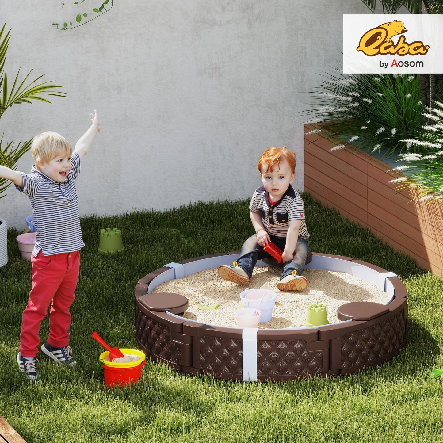 Qaba Kids Sandbox with Cover Round 47" HDPE Sand Pit 3 Seats Brown